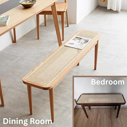 Miniatura 8 de Hymus Banco 100% de madera de roble macizo, banco de interior tejido de ratán para entrada, comedor, dormitorio, calidad premium (natural, 39.37