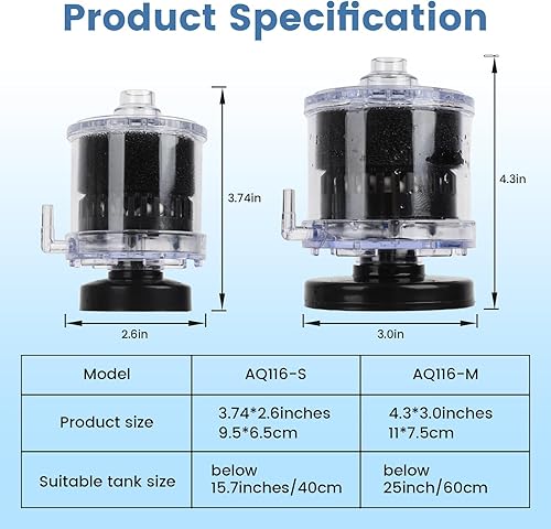 Miniatura 7 de AQQA Filtro de esponja para acuario, filtro de tanque de peces de 5 a 20 galones, filtro de acuario pequeño alimentado por aire, filtro de burbujas