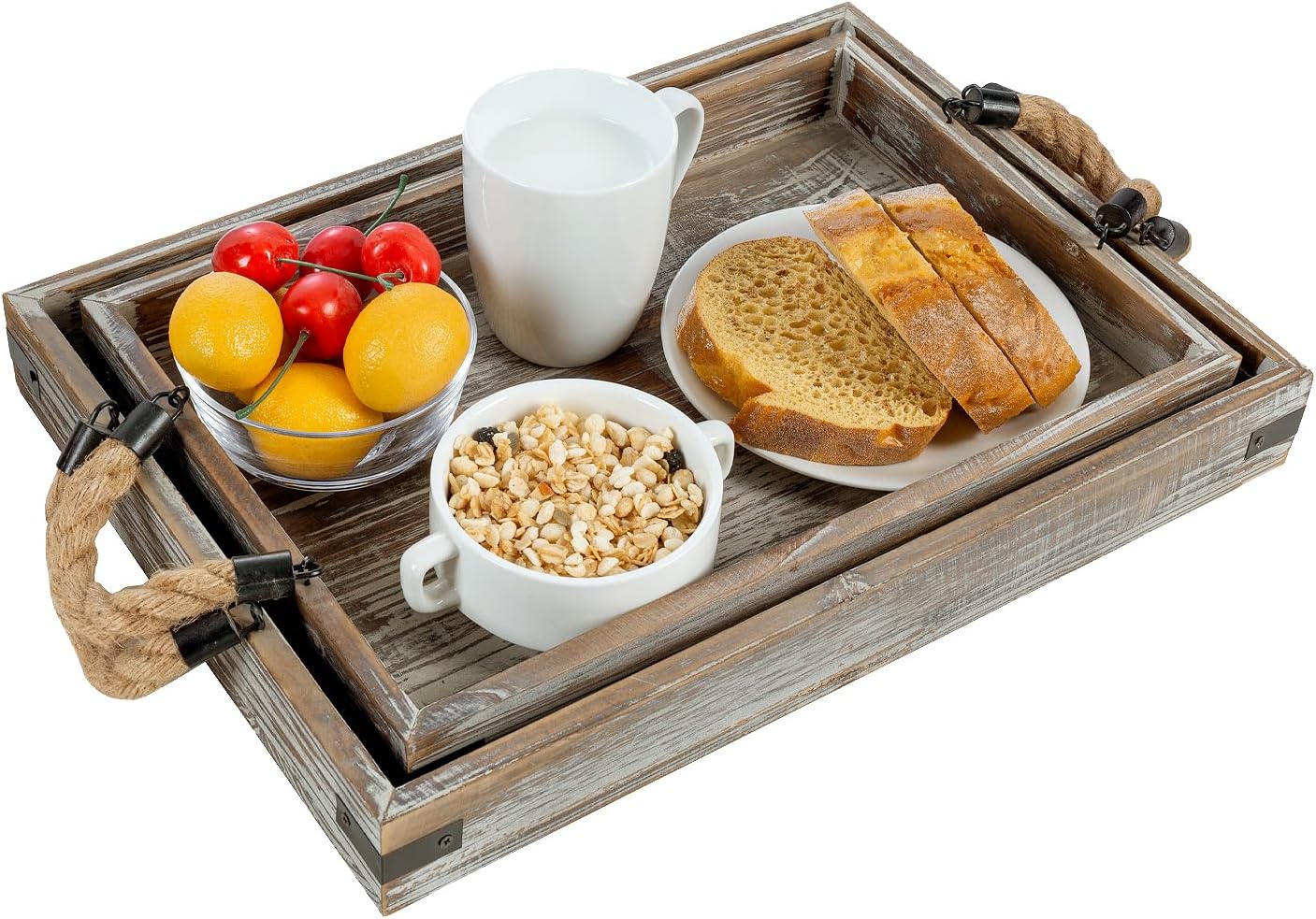 MyGift 2 Piece Set Rustic Torched Wood and Black Metal Decorative Nesting Serving Trays with Rope Handles for Breakfast in Bed, Coffee Table, Ottoman Decor