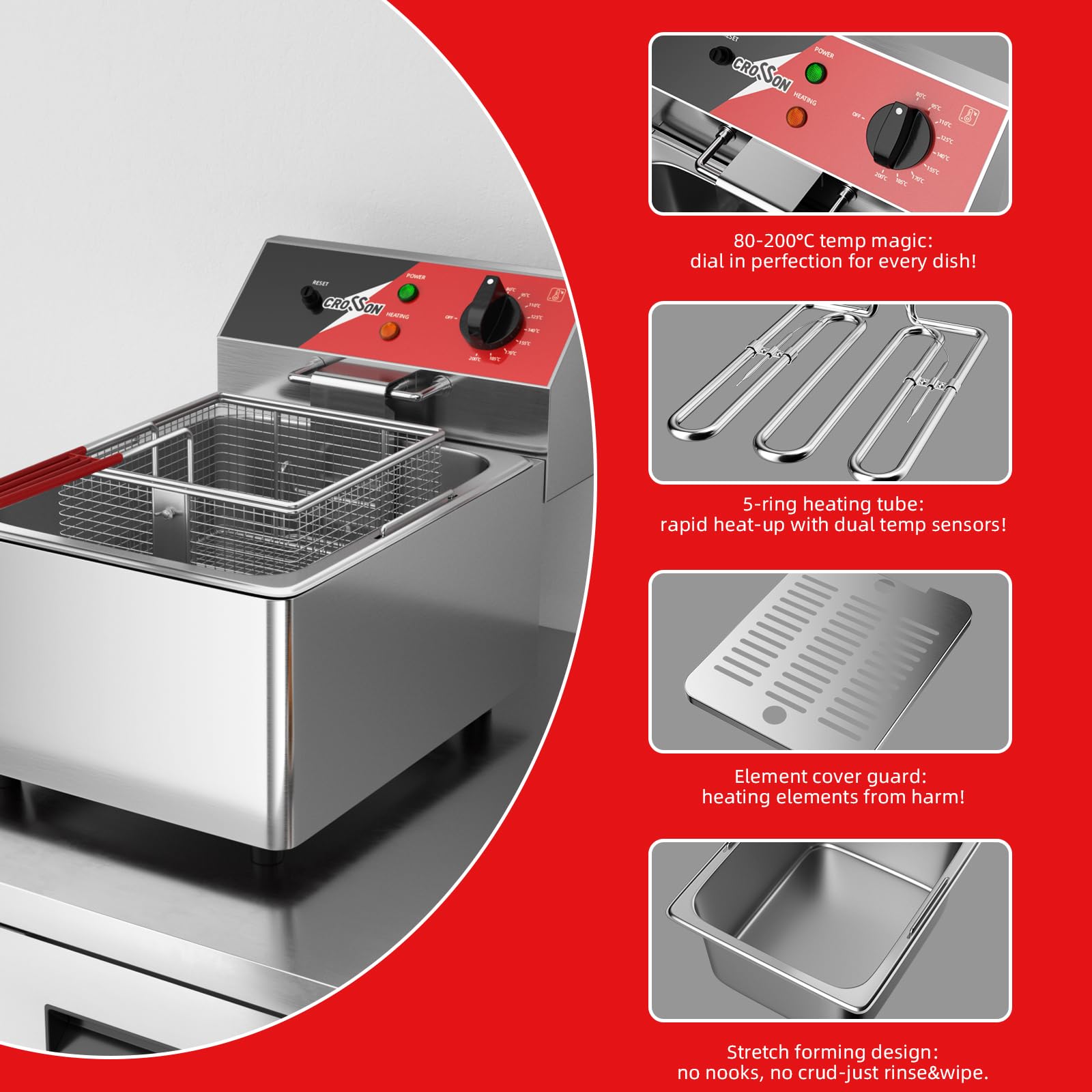 Friteuse électrique CROSSON 6L avec réservoir d’huile et poignée amovibles, panier et couvercle en treillis métallique solide, friteuses de comptoir commerciales légères - 230V, 3000W