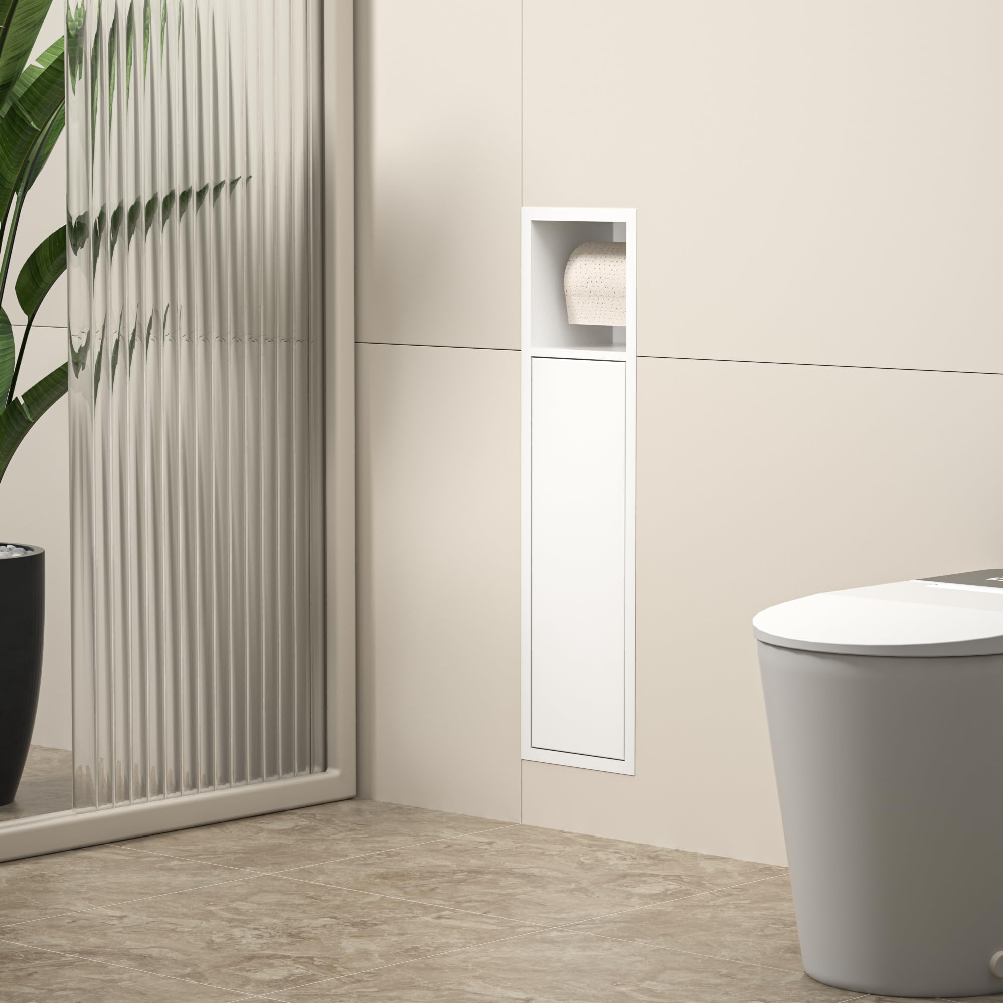 Unterputz-Schrankmodul Edelstahl für die Klobürstengarnitur, Badezimmerschrank mit Toilettenpapierhalter,Mit Schiebetür, 63x15x15 cm, Weiß
