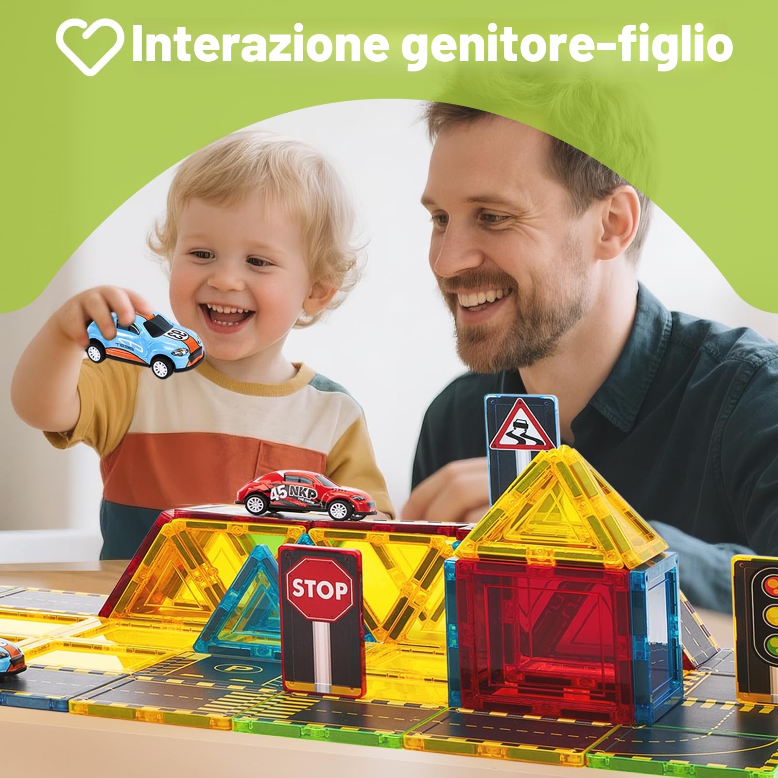 hahaland Costruzione Magnetiche 3-5 anni, Tessere Magnetiche Costruzione Bambino 38 pezzi, Blocchi Magnetici Strada Città con 2 Macchinine, Regalo Bimbo 3 4 5 6 anni