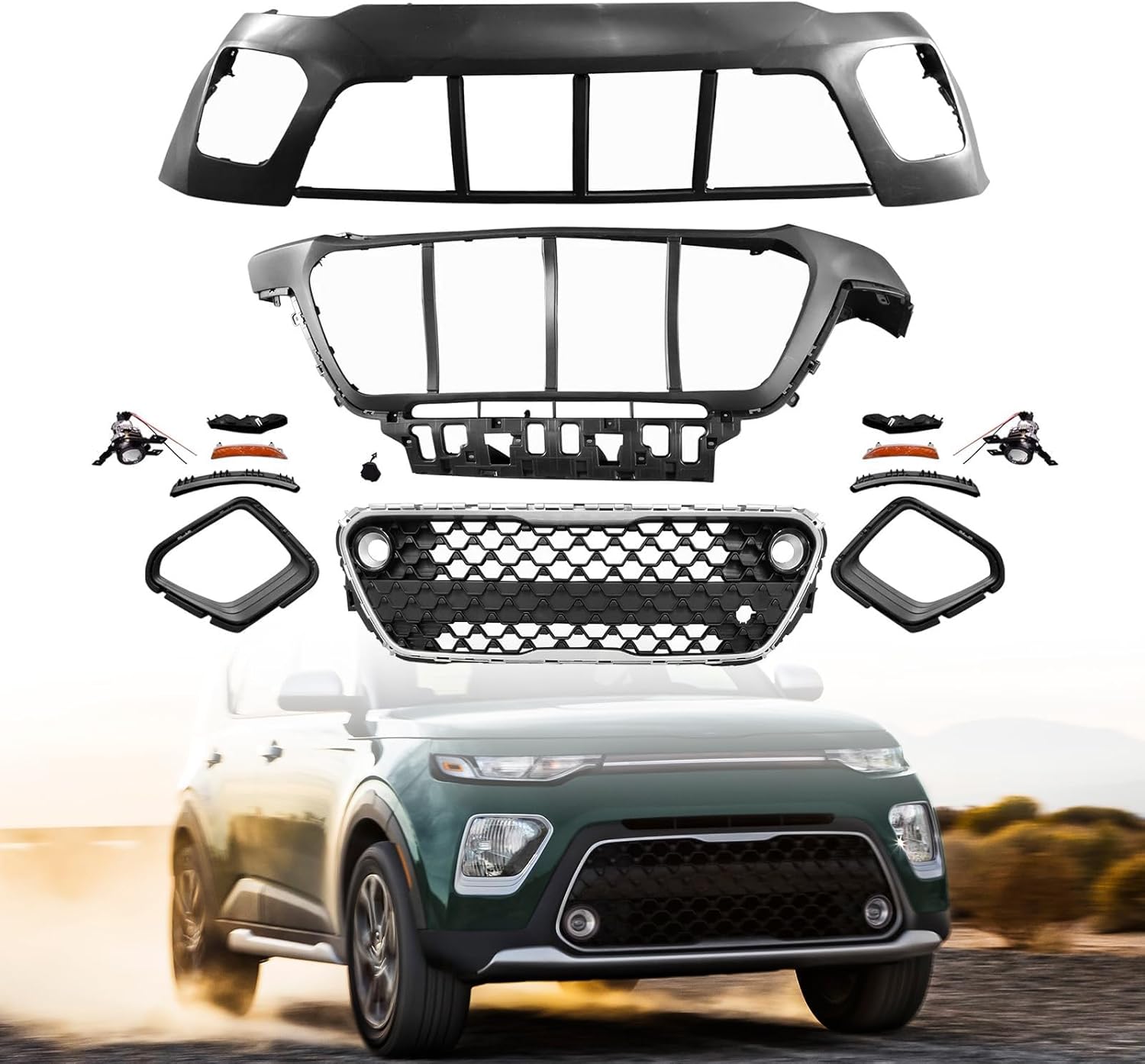 MGWILL Complete Front Bumper Cover Kit Compatible with 2020 2021 2022 2023 Kia Soul Wagon S EX LX X-Line W/Lower Grille Grill & Fog Lights - Full Body Set
