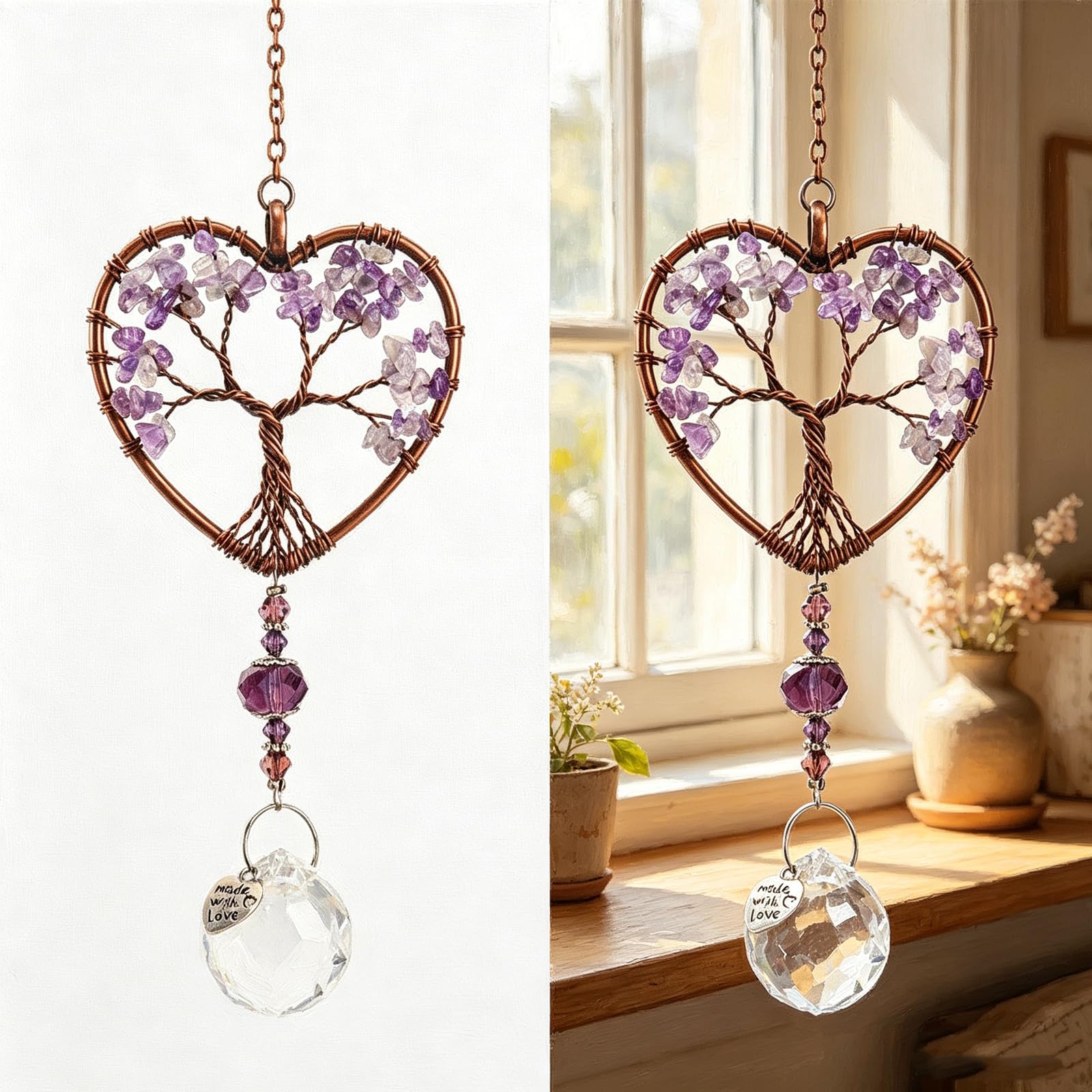 Sun Catcher, Amethyst Sun Catchers for Windows Crystal, Suncatcher Tree SunCatchers for Windows, Hanging Crystals Suncatcher, for Women, Birthday Gifts, Valentine's Day Gifts, Anniversary
