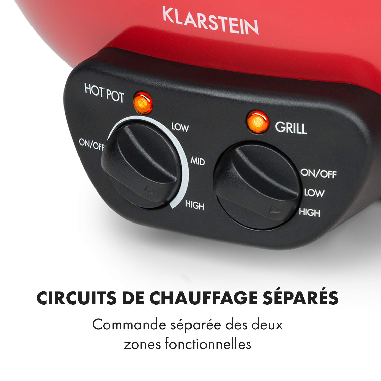 Klarstein Szechuan - Hot Pot et plaque de gril, Volume de la marmite Hot Pot : 5 litres, Gril 1350 watts / 38 cm Ø, Plaque de : 600 watts / 22 cm Ø, Élément chauffant en aluminium, rouge