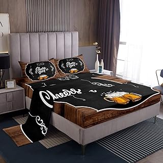 Homewish Beer Theme Sheet Set,Kids Wood Rustic Bed Sheets Set,Black and Brown Bedding Set for Boys Teens Sheets Soft Room Decor Twin Size(1 Flat Sheet+1 Fitted Sheet+1 Pillowcase)