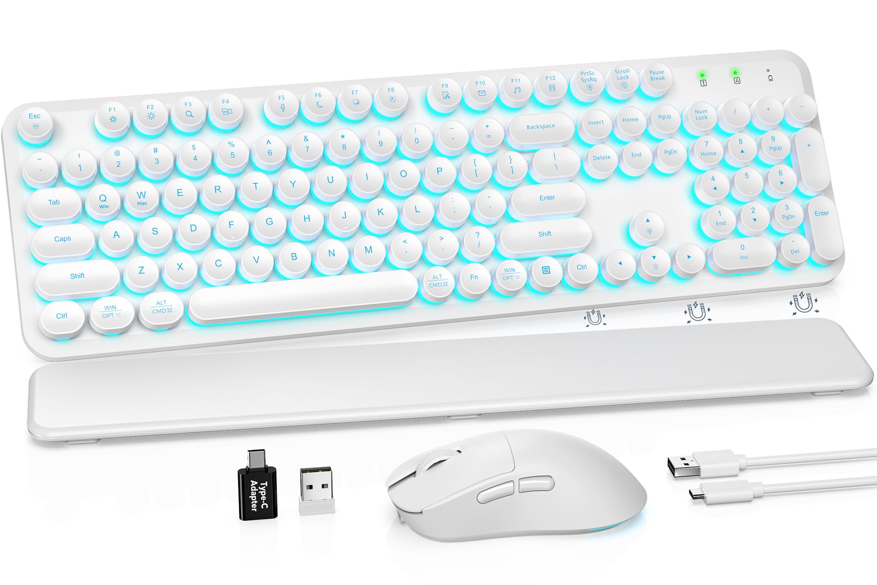 Wireless Keyboard and Mouse Combo, Magnetic Wrist Rest, Glowing White