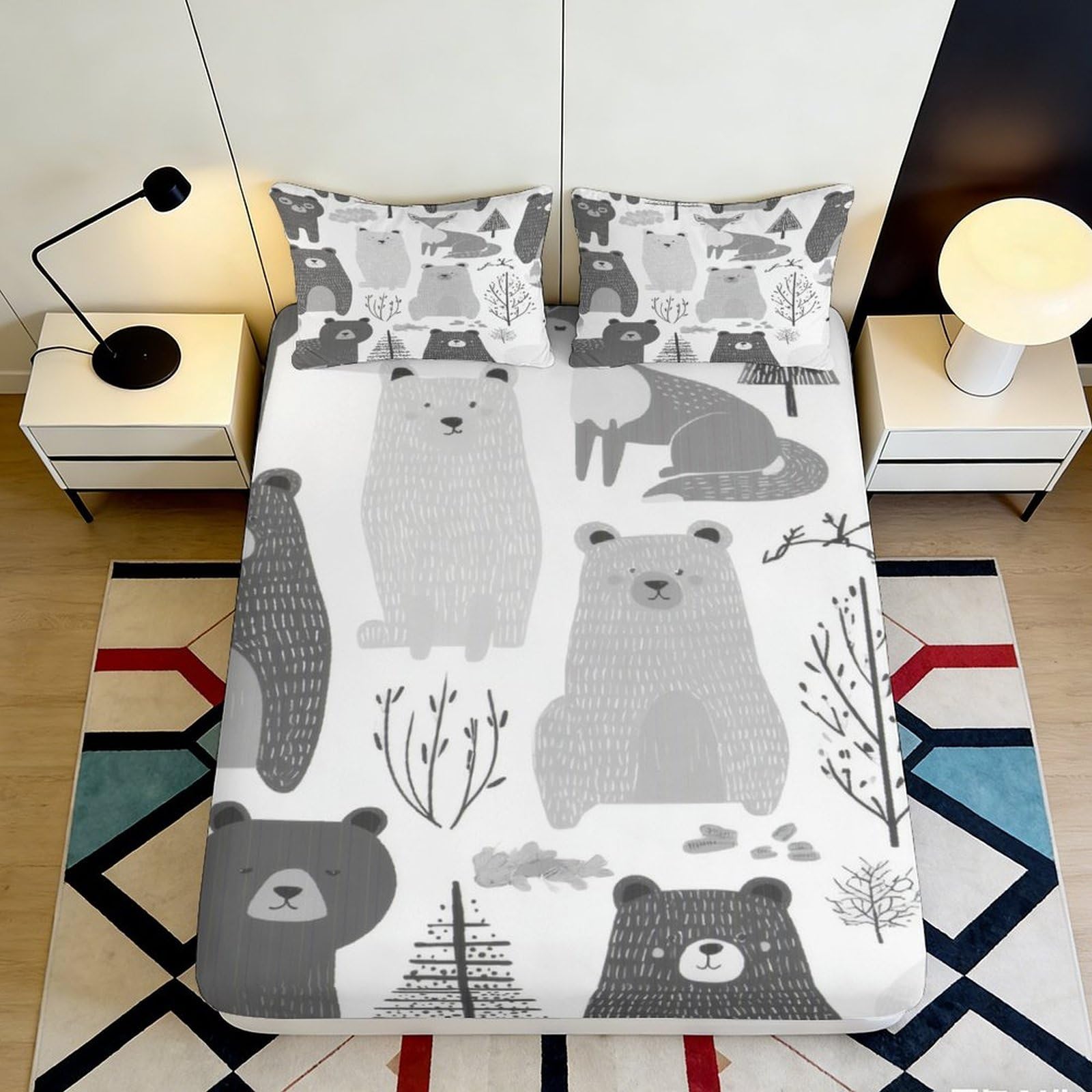 Pnayamiorkfel Style-10 3D Printed Bear Forest Fitted Sheet Microfiber Soft Grey Animal Mattress Cover For Bedroom Guest Room Decor 90X200x25cm