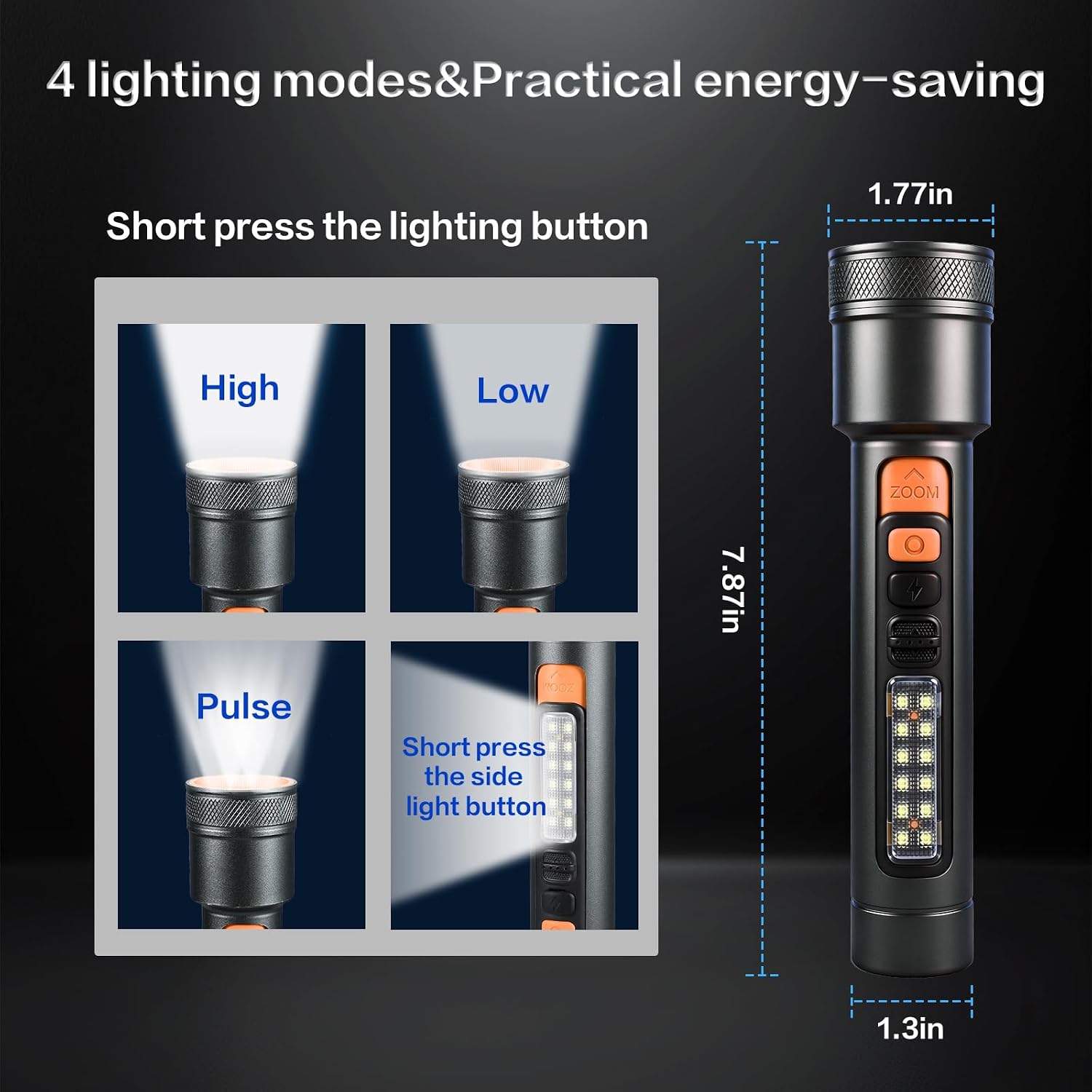 VAVOFO Rechargeable LED Flashlight with Side Work Light, 4 Modes Zoomable Flashlight, 4000mAh USB-C Charging Waterproof Handheld Flashlight for Camping, Hiking, Emergency, Home Use, Gray & Orange