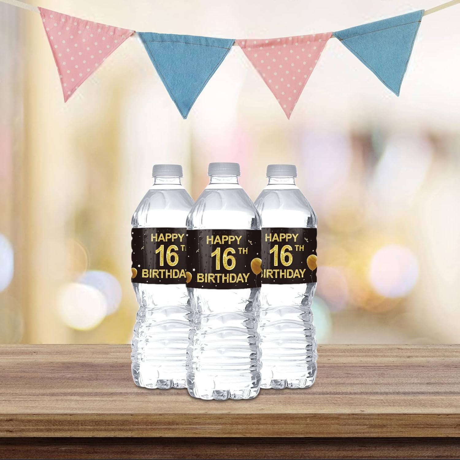 MonMon & Craft Happy 16th Birthday Water Bottle Labels Stickers/Boys Girls 16 Years Old Bottle Wrappers/Teenager 16th Birthday Party Water Labels Decorations Supplies (Set of 32)