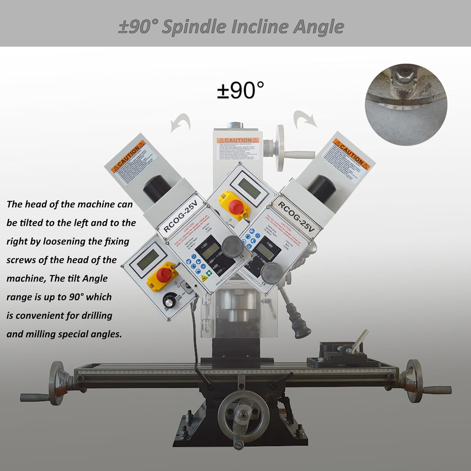 Illustration of the machine head tilting up to ±90 degrees