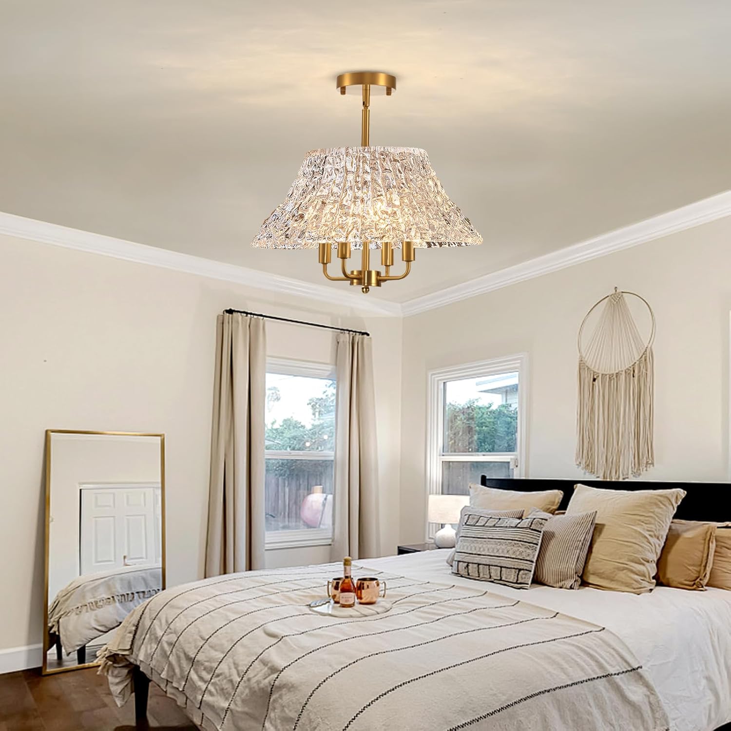 4-Light Gold Flush Mount Ceiling Light - 14 Inch Bright Vintage Glass Art Deco Fixture, Mid Century Modern Close to Ceiling Lamp for Bedroom Kitchen Hallway, E12 Candelabra Base (Bulbs Not Included)