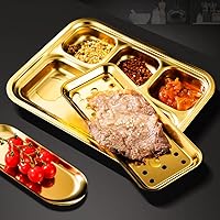 Vista 2 de Paquete de 2 bandejas rectangulares divididas de acero inoxidable, 4 secciones, platos dorados para servir platos llanos para adultos, campistas