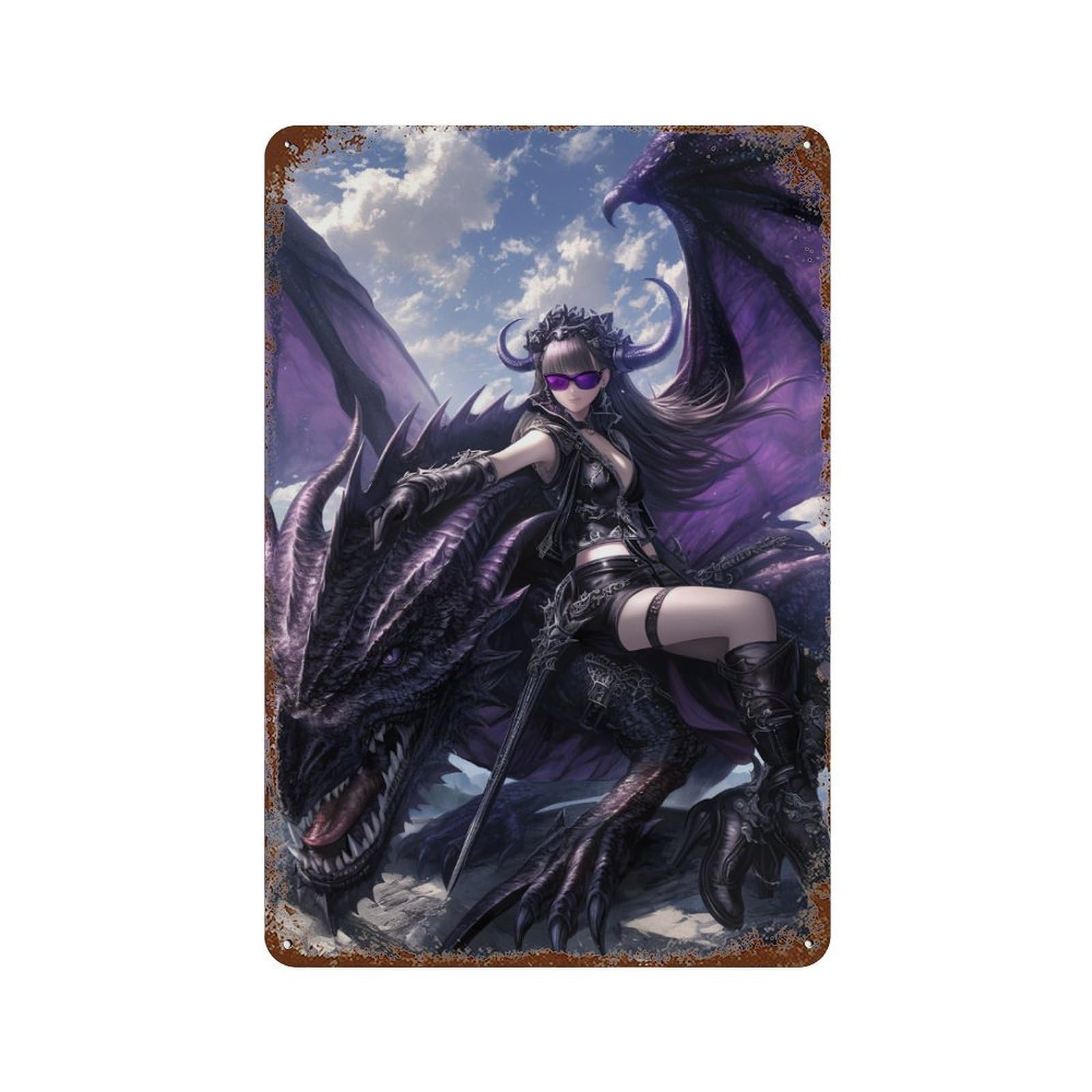 Dragon Rider Fantasy Artwork Distressed Metal Wall Sign 11.8"x7.9", Ideal for Garage, Bar And Workshop Decor