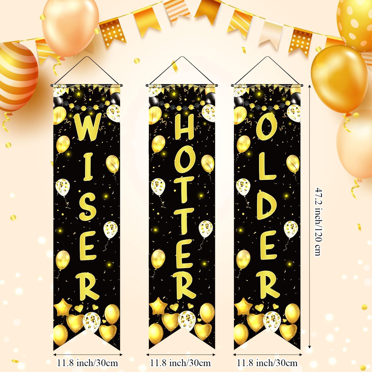 3 Pcs Birthday Banner Black and Gold Older Wiser Hotter Funny Banner for Women 30th 40th 50th 60th 70th 80th Birthday Party Decorations Sign Gift image 3