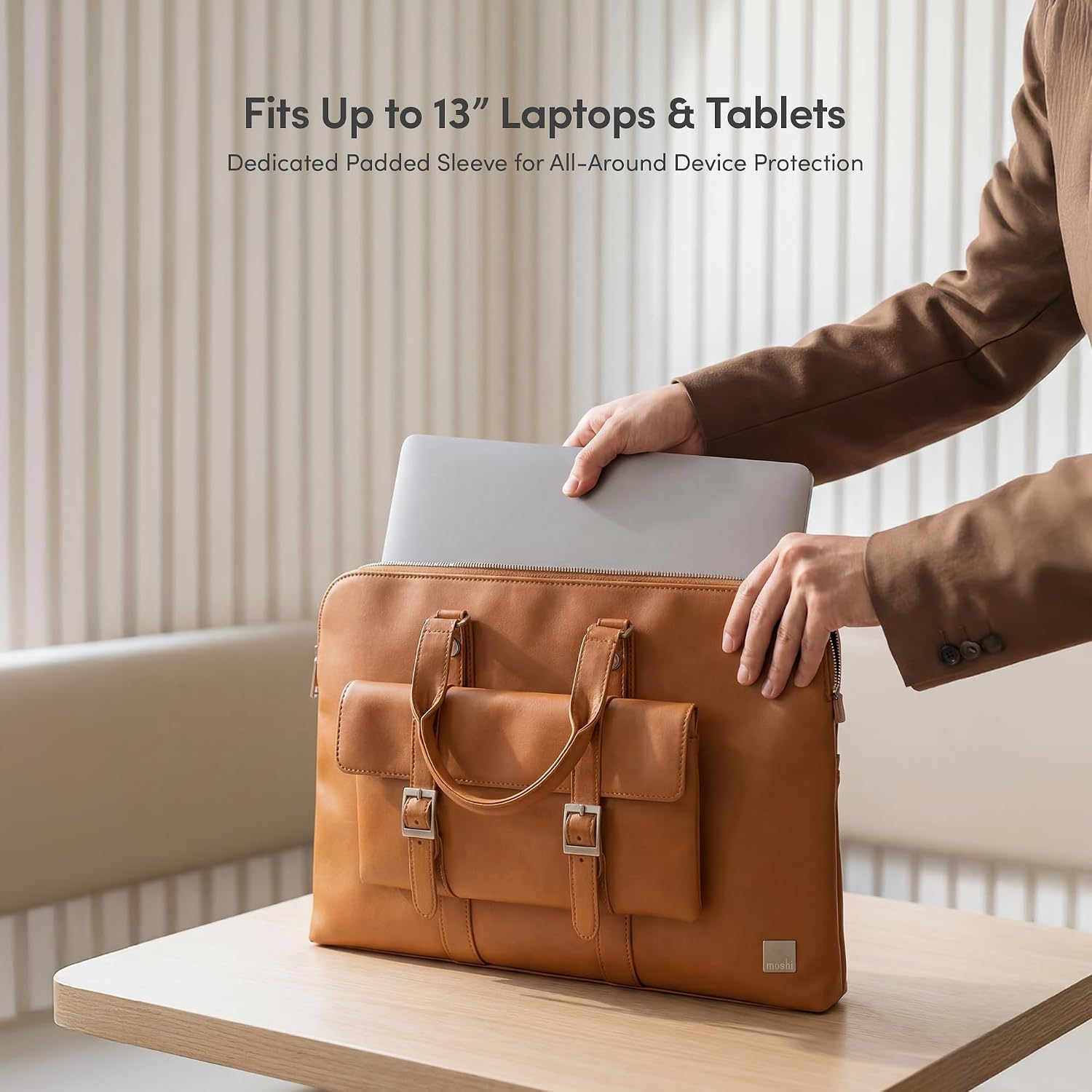 Moshi Treya Briefcase for Up to 13" Laptop, Vegan Leather, Weather-Resistant, Jet Black