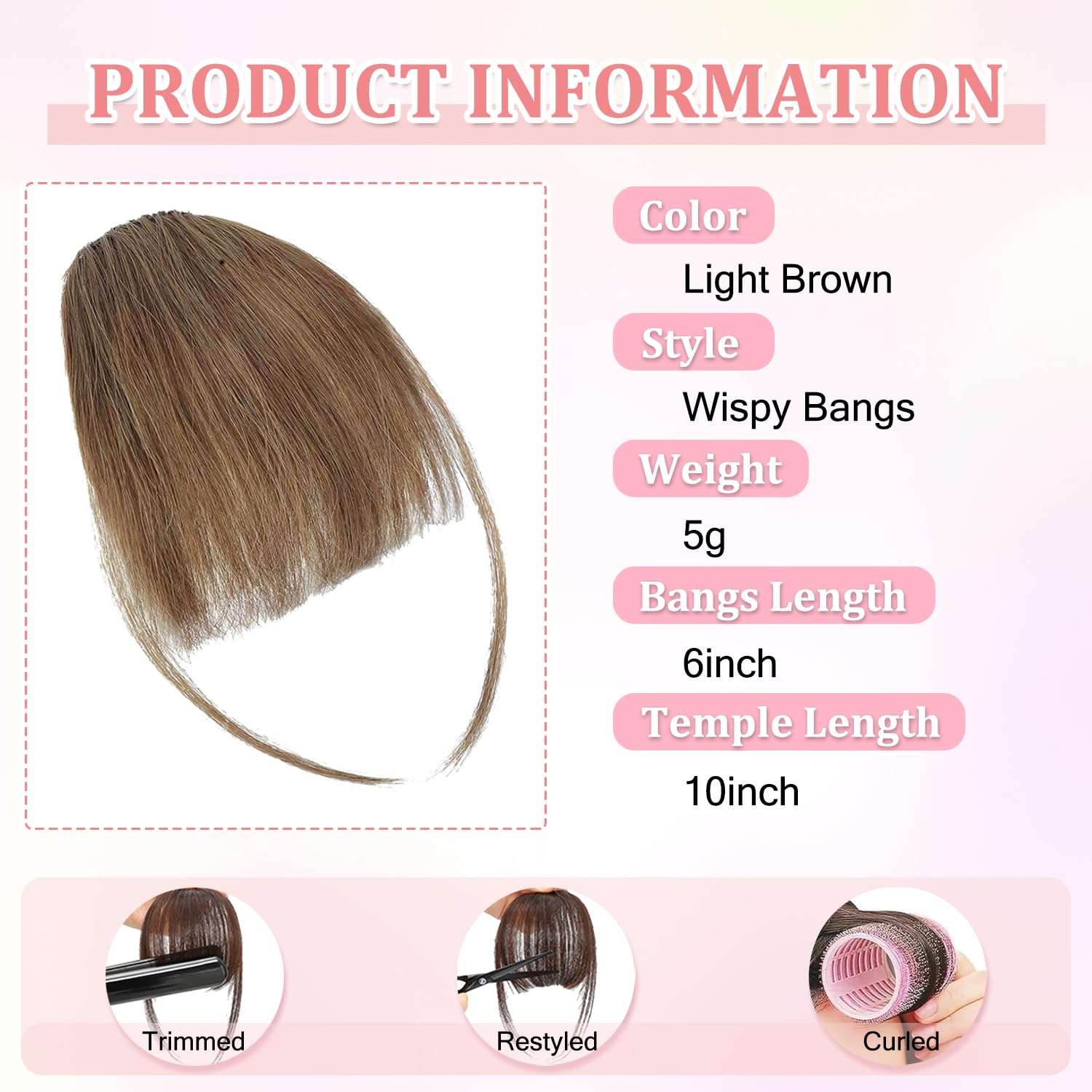 Clip In Fringe 100% Real Human Hair Bangs Hair Clip Thin Bangs On Hairpiece On Air Bangs With Temple Wispy Bangs Hair Extensions for women (Light Brown - Image 2