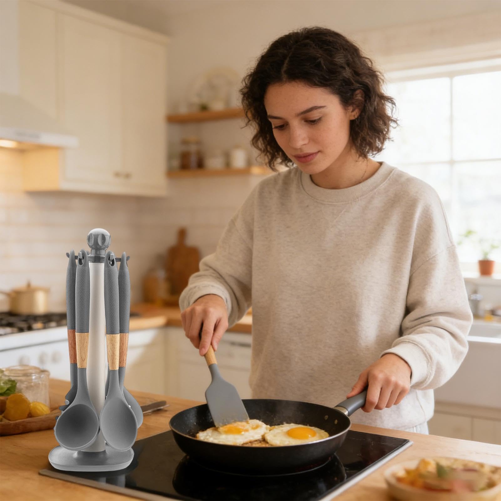 Utensilios de Cocina de Silicona Set de 7 Piezas con Mango Largo, | Fáciles de para Cocinar para Hogar, Apartamento, Restaurante, Camping, Cocinar,