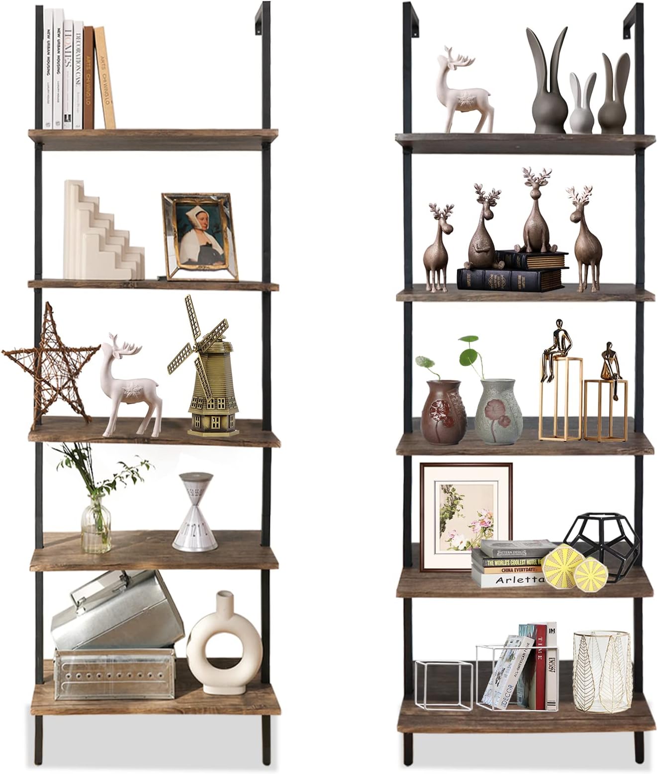 aboxoo Ladder Shelf 2PCS Open Bookshelf 5-Tier Wall-Mounted Wood Bookcase Rack Open Back Industrial Modern Plant Flower Stand Utility OrganizerMetal Frame Furniture Office Kitchen Bedroom (Brown)