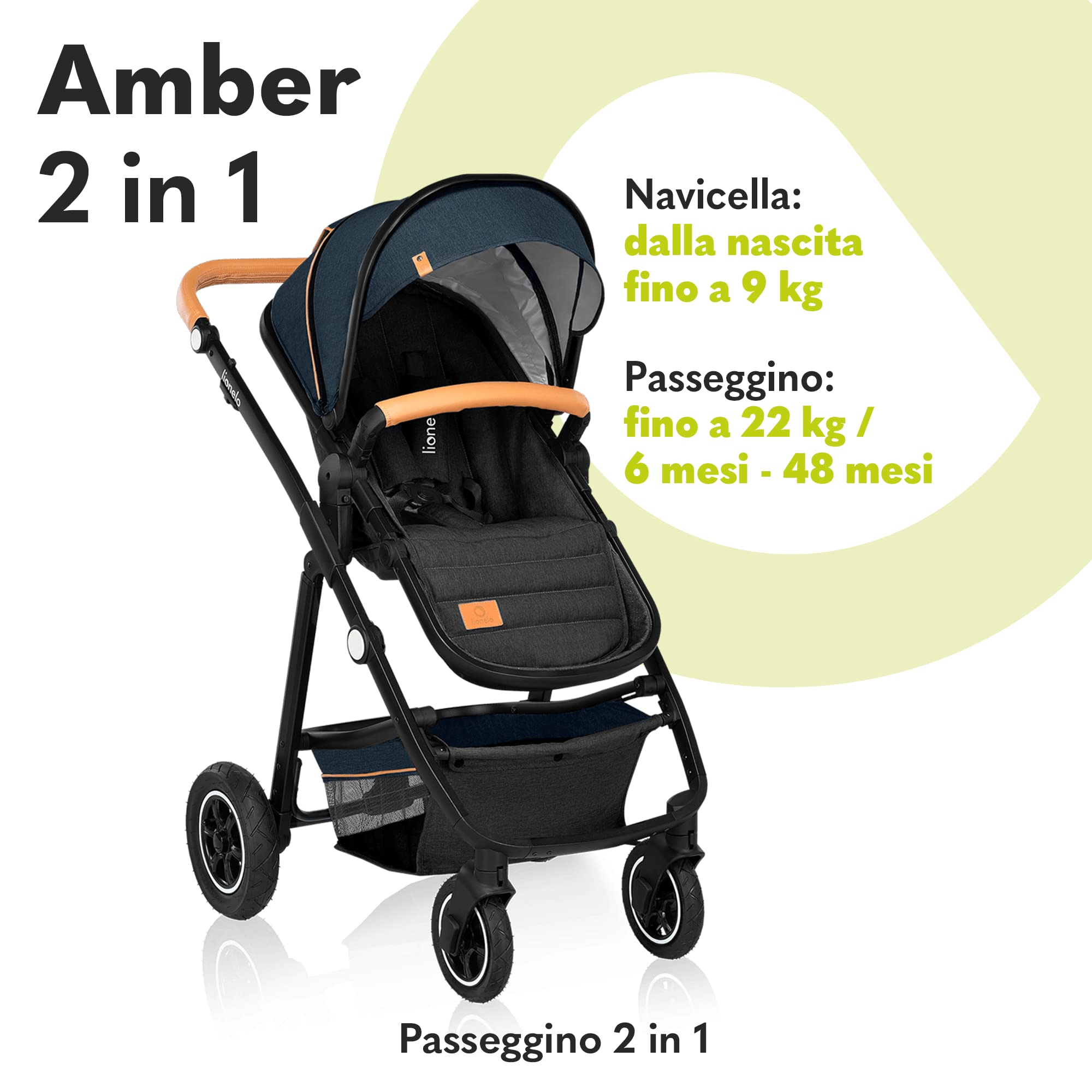 LIONELO Amber Passeggino 2 in 1 Set con Navicella da 0 a 48 Mesi / 22 kg | Passeggino Per bambini Fino a 22 kg, Seduta a Secchiello, Regolabile, Pieghevole e Leggero, Grandi Ruote e Cappottina XXL
