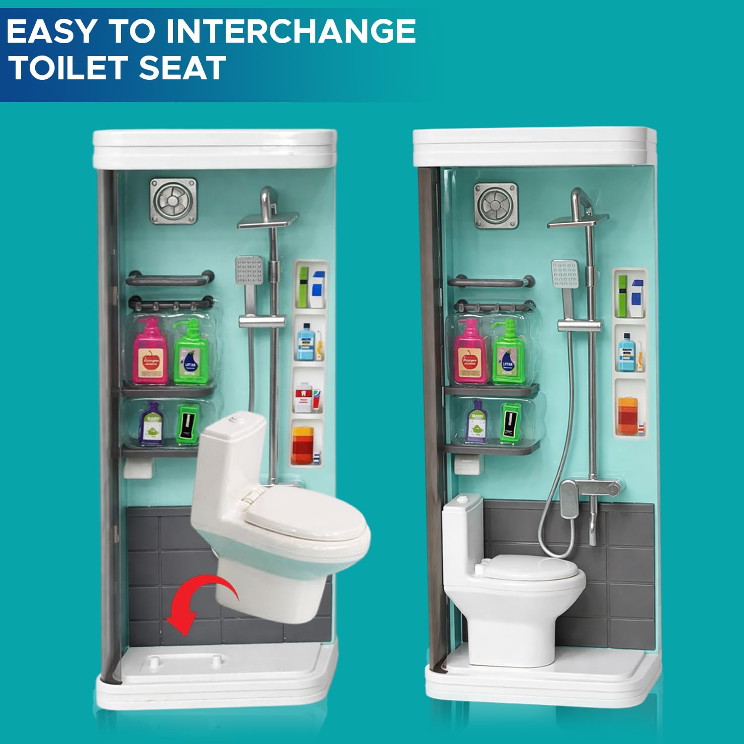 NHR Shower Set Kids Bathroom Pretend Playset – 2-in-1 Interchangeable Mini Bathtub & Toilet Unit with Overhead Shower, Wand, Towel Bars, and Bath Accessories – Furniture Toy Gift for Kids Aged 3+ 1