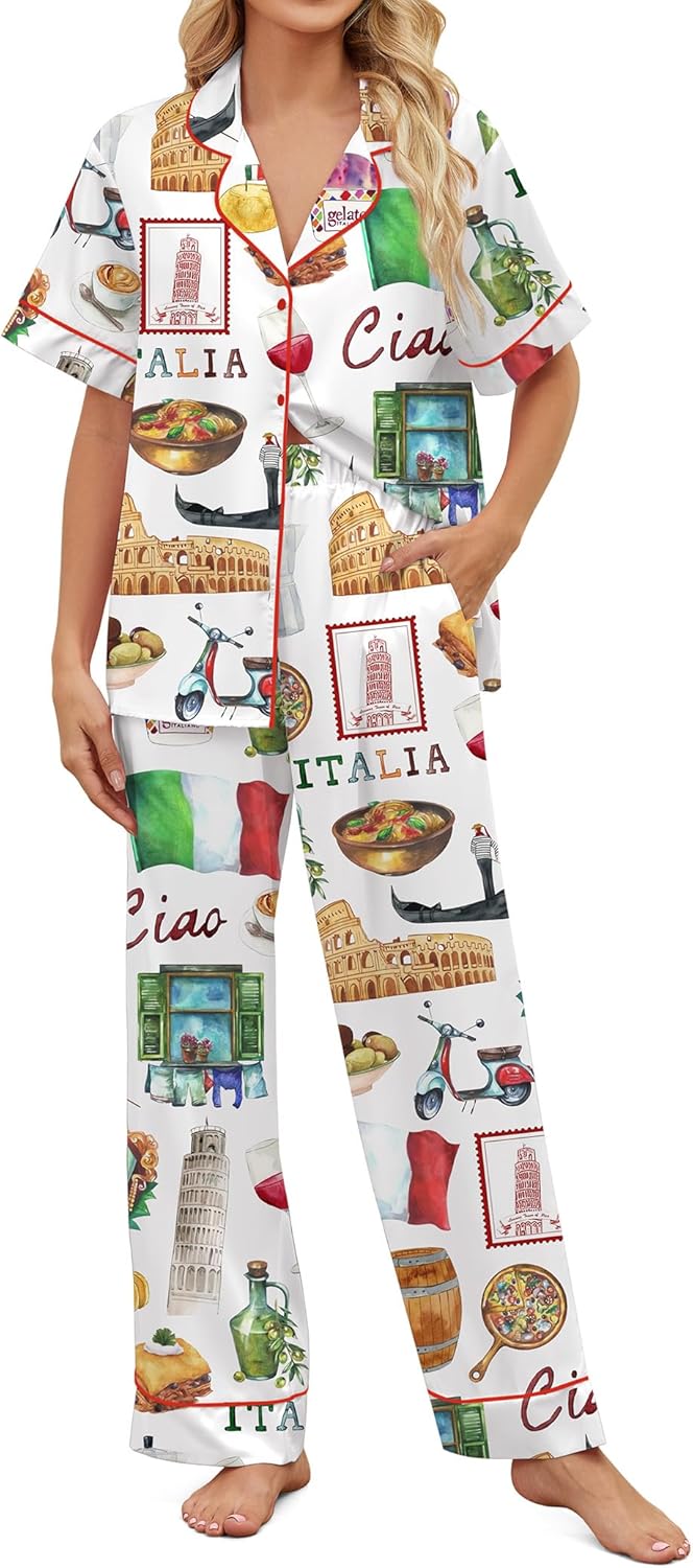 SHESHOW Satin Pajamas for Women Set Button Down Sleepwear Print Pjs Set 2 Piece Short Sleeve Long Loungewear Size XS-XXL