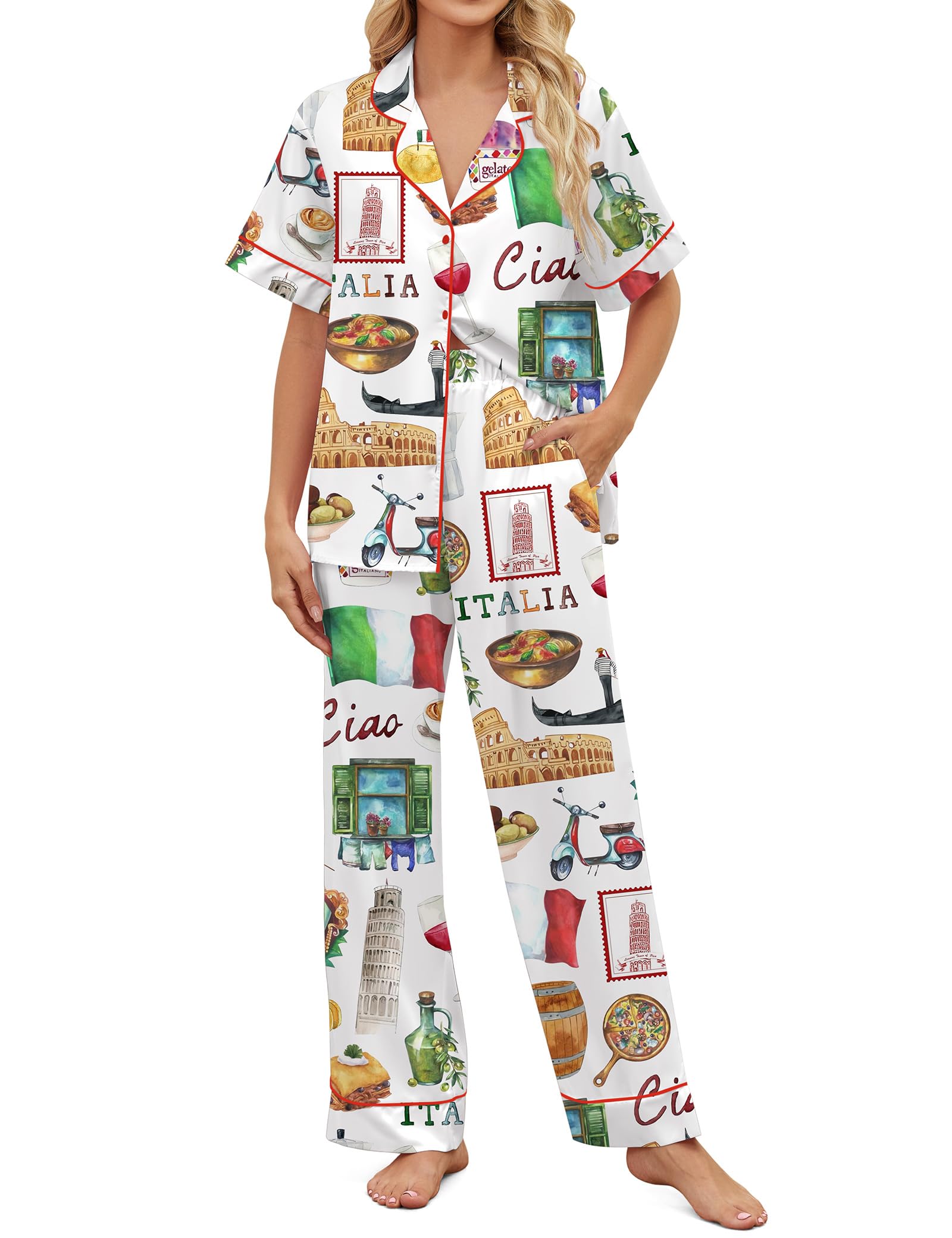 SHESHOW Satin Pajamas for Women Set Button Down Sleepwear Print Pjs Set 2 Piece Short Sleeve Long Loungewear Size XS-XXL