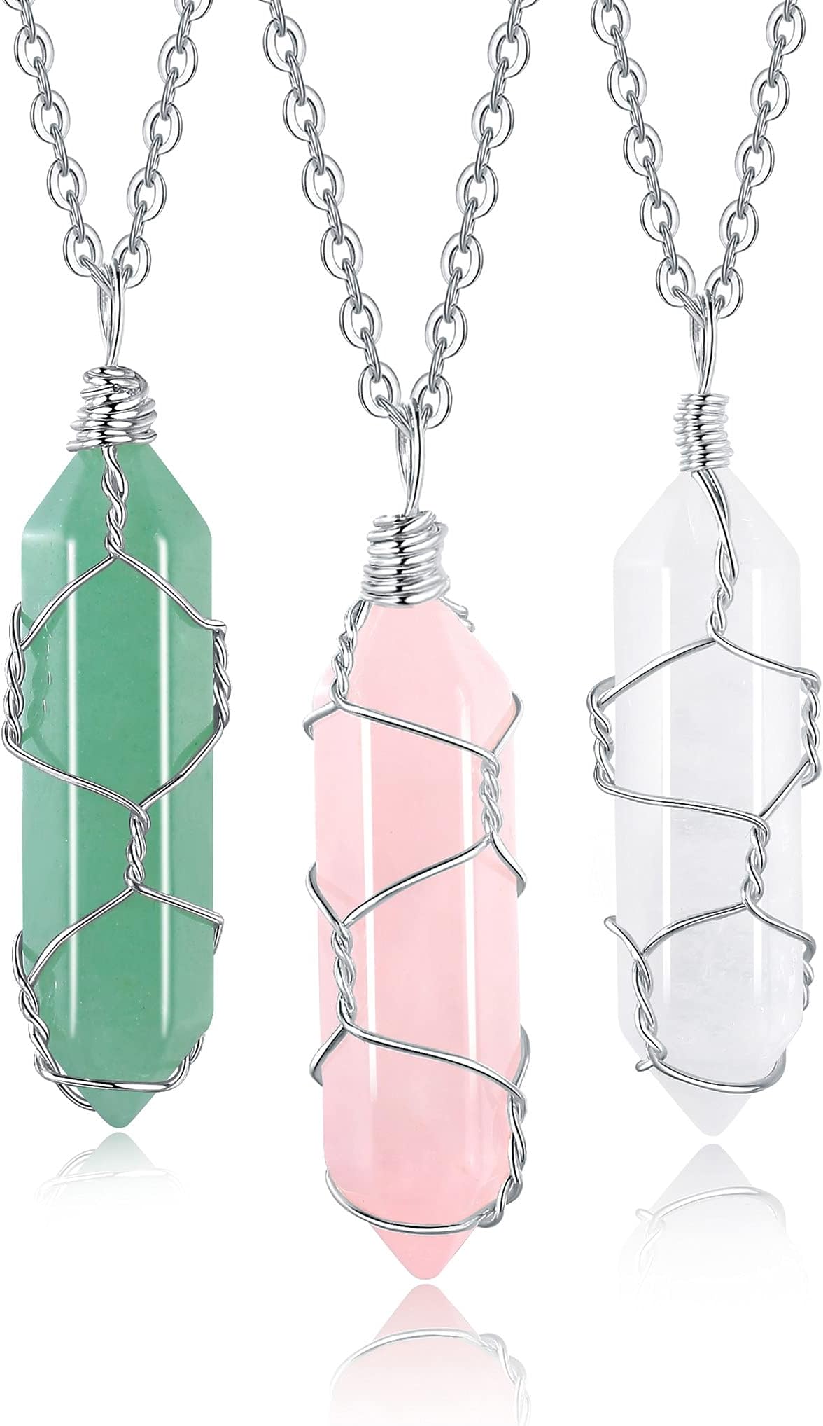 XIANNVXI 3Pcs Crystal Stone Necklaces for Women Rose Quartz Necklaces Clear Quartz Necklaces Green Aventurine Necklaces Hexagonal Pendant Necklace Natural Reiki Jewelry for Women