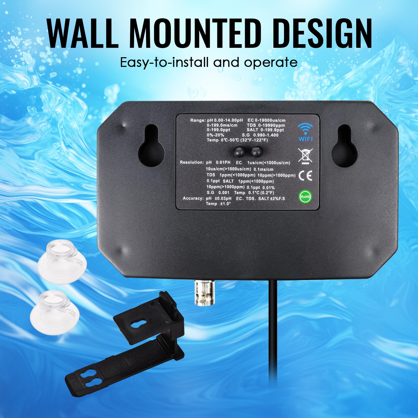 Probador de calidad de agua WLAN, monitor de pH 6 en 1, mide pH/EC/TDS/salinidad/peso y temperatura, monitoreo de aplicaciones en línea las 24 horas y almacenamiento de curvas de datos, medidor de pH