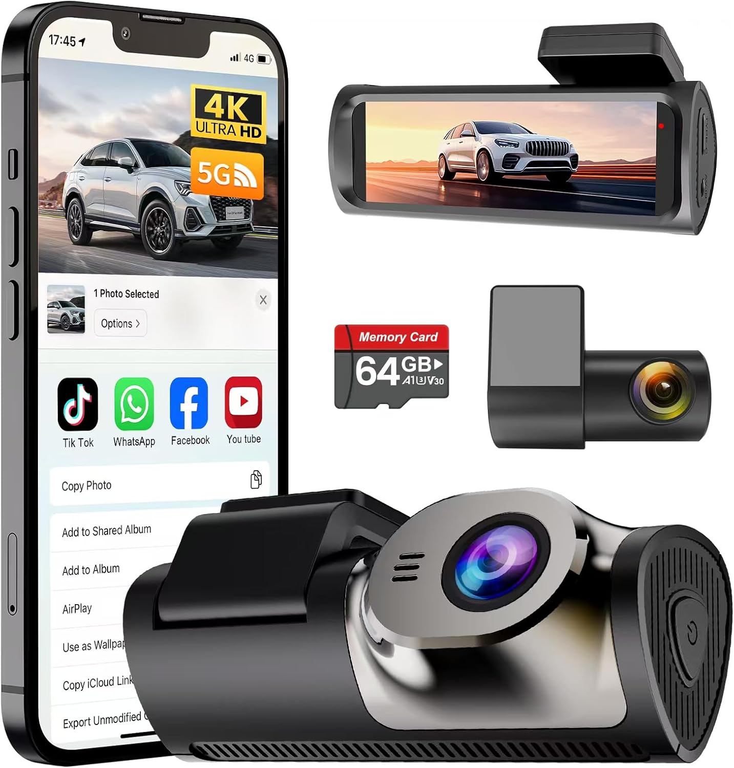 4K+1080P Dash Cam Front and Rear,64GB Card Included,5.8GHz WiFi Dash Camera for Cars,App up to 20MB/s Fastest Download,G-Sensor,Night Vision,24h Parking Monitoring,Loop Recording,170° Wide Angle