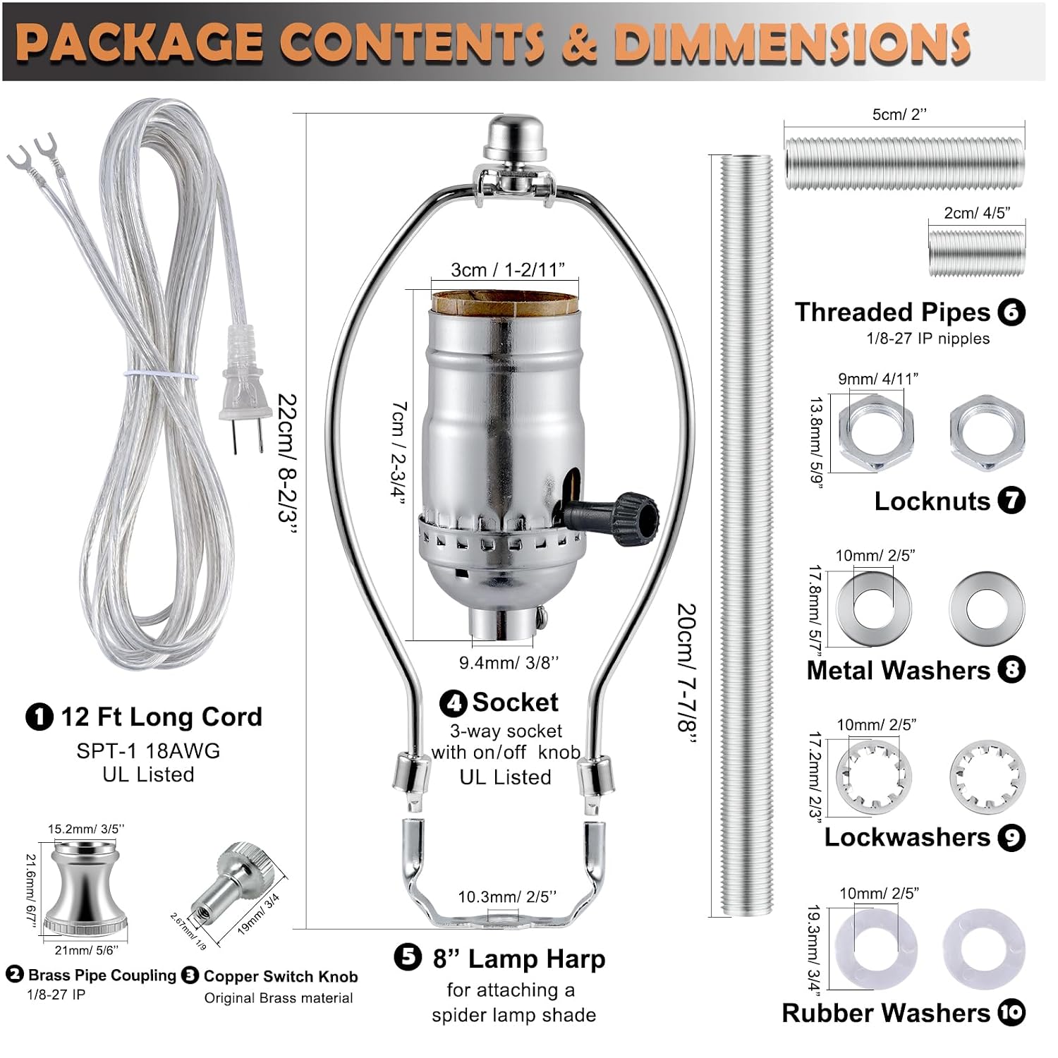 Lamp Making Kit,Make a Lamp or Repair Kit,3-Way Light Socket with Matching Cord and Harp Set, Wiring Kit for Table Floor Lamp,Essential Hardware for DIY Light Design or Repair (Silver, 2)