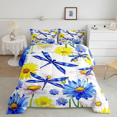 Juego de edredón de girasol, tamaño individual, ropa de cama de libélula de acuarela azul para mujeres y niñas, juegos de edredón de flores