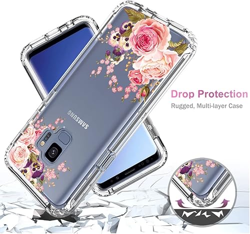 Miniatura 7 de Funda para Galaxy S9, SM-G960U con protector de pantalla de vidrio templado, cuerpo completo, transparente, flexible, con diseño floral, funda para
