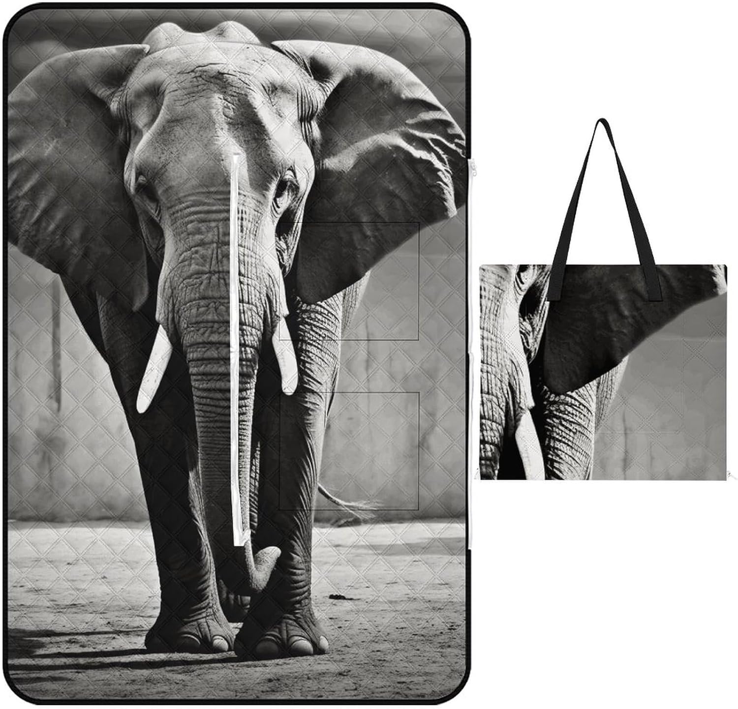 Black and White Elephant Picnic Blanket 150x100cm, Foldable 2-in-1 Picnic Mat and Tote Bag Portable Waterproof Beach Mat Sandproof Outdoor Blanket for Park, Hiking, Beach, Camping, Travel