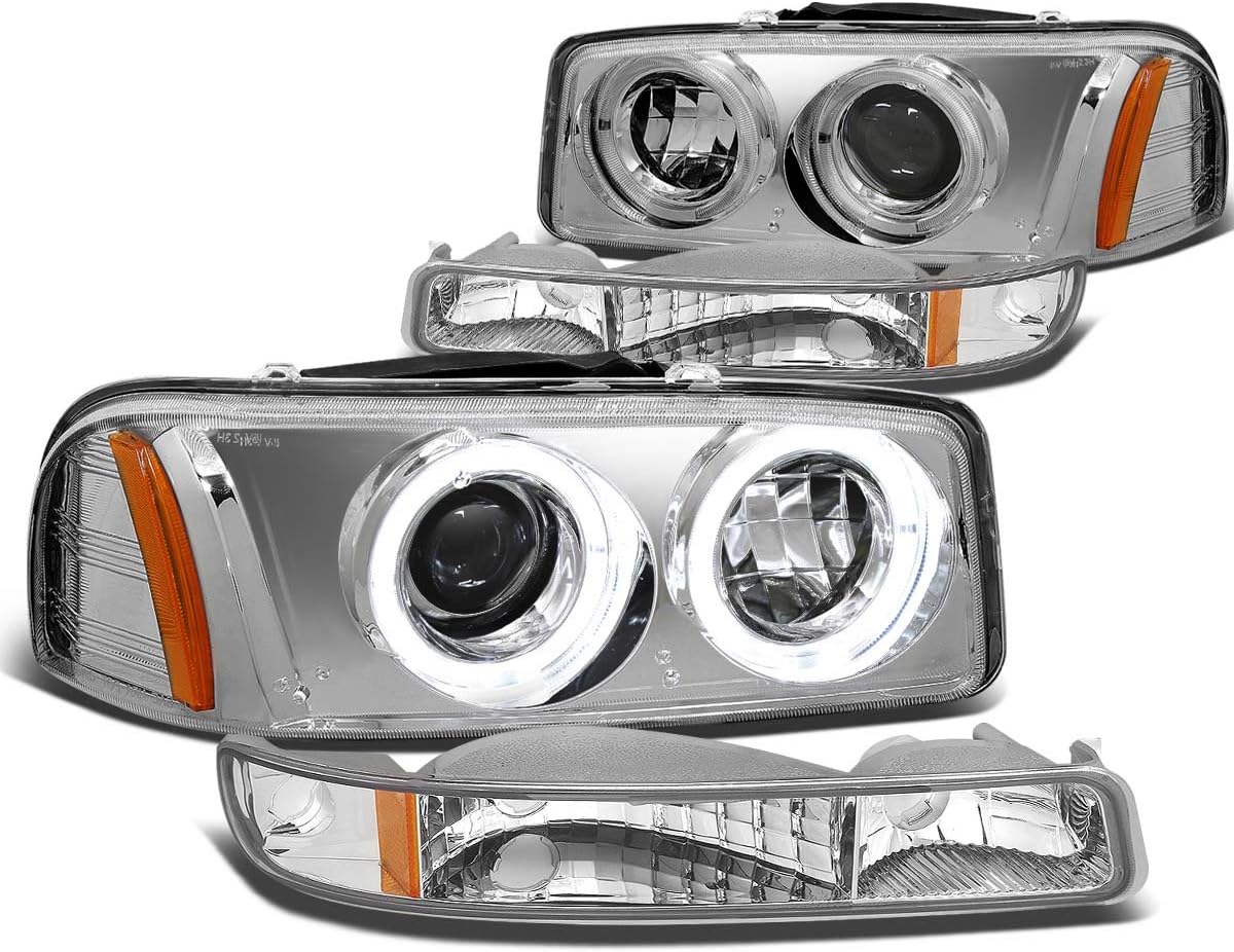 Auto Dynasty Compatible with GMC Yukon GMT800 Pair of Chrome Amber Corner Halo Projector Headlight - Bumper - 3rd Brake Light (Red Lens)