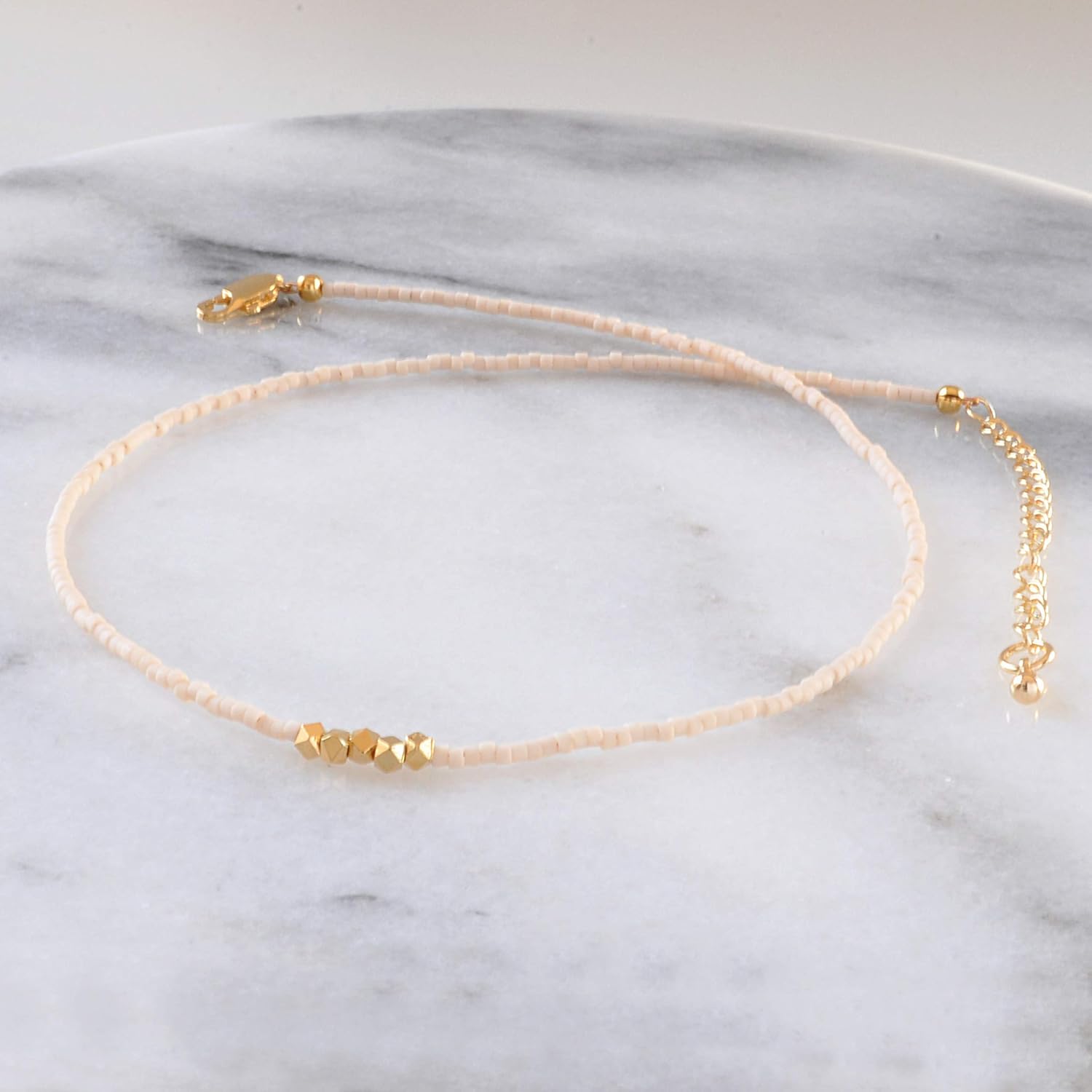 Ivory White Cream Adjustable Choker Necklace with Gold Accent Beads for Wedding