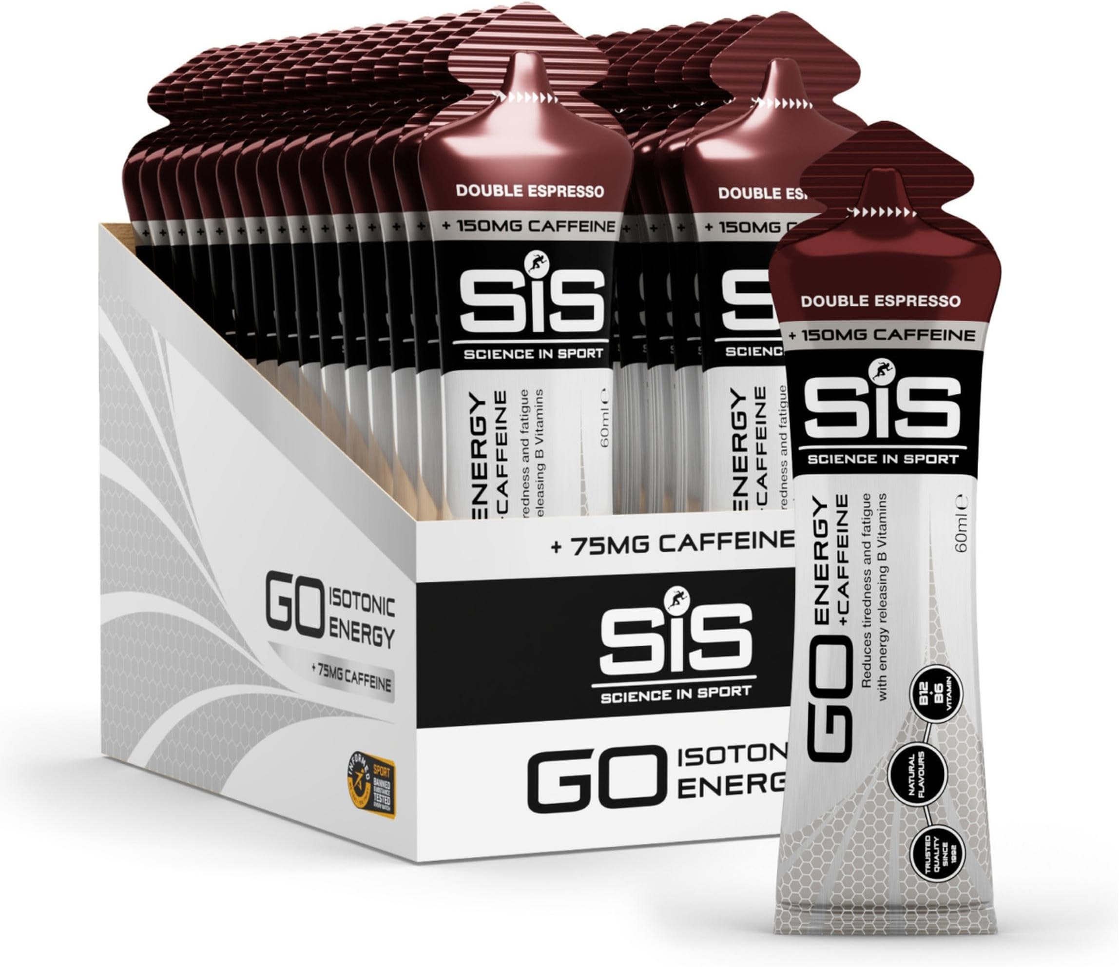 GO Energy + Caffeine Energy Gel for Elite Athletes - 22g Carbohydrates & 75mg Caffeine - Isotonic Formula - Sports Nutrition - Double Espresso Flavor - 30 Count