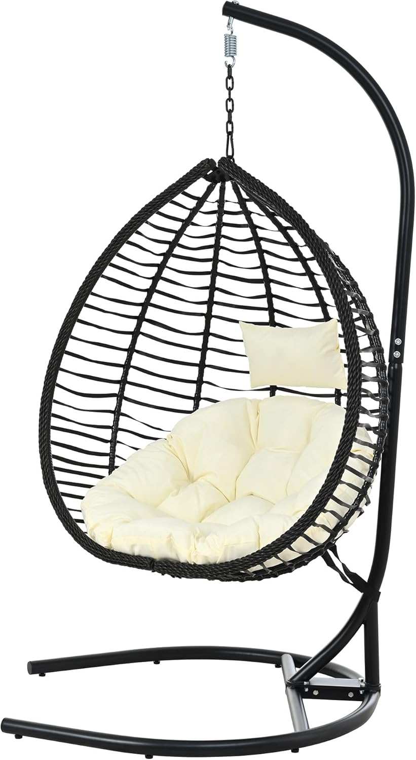 Indoor Outdoor Hanging Hammock Chair with Stand, Foldable Rattan Egg Swing Chair with Iron Frame and Plush Cushion & Removable Headrest, Suitable for Porch Garden, Balcony, Indoor(Black+Gray)