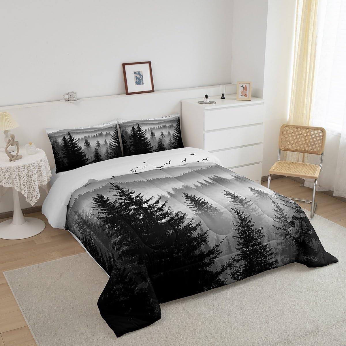 Erosebridal Black Grey Queen Comforter Set Smoky Mountain Forest Bedding Set Rustic Woodland Pine Trees Comforter for Kids Boys Adults Men,Nature Landscape Quilt Duvet for All Season 3 Pcs