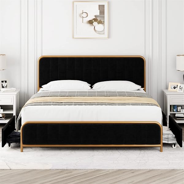HITHOS Upholstered Bed Frame with 4 Storage Drawers and Headboard
