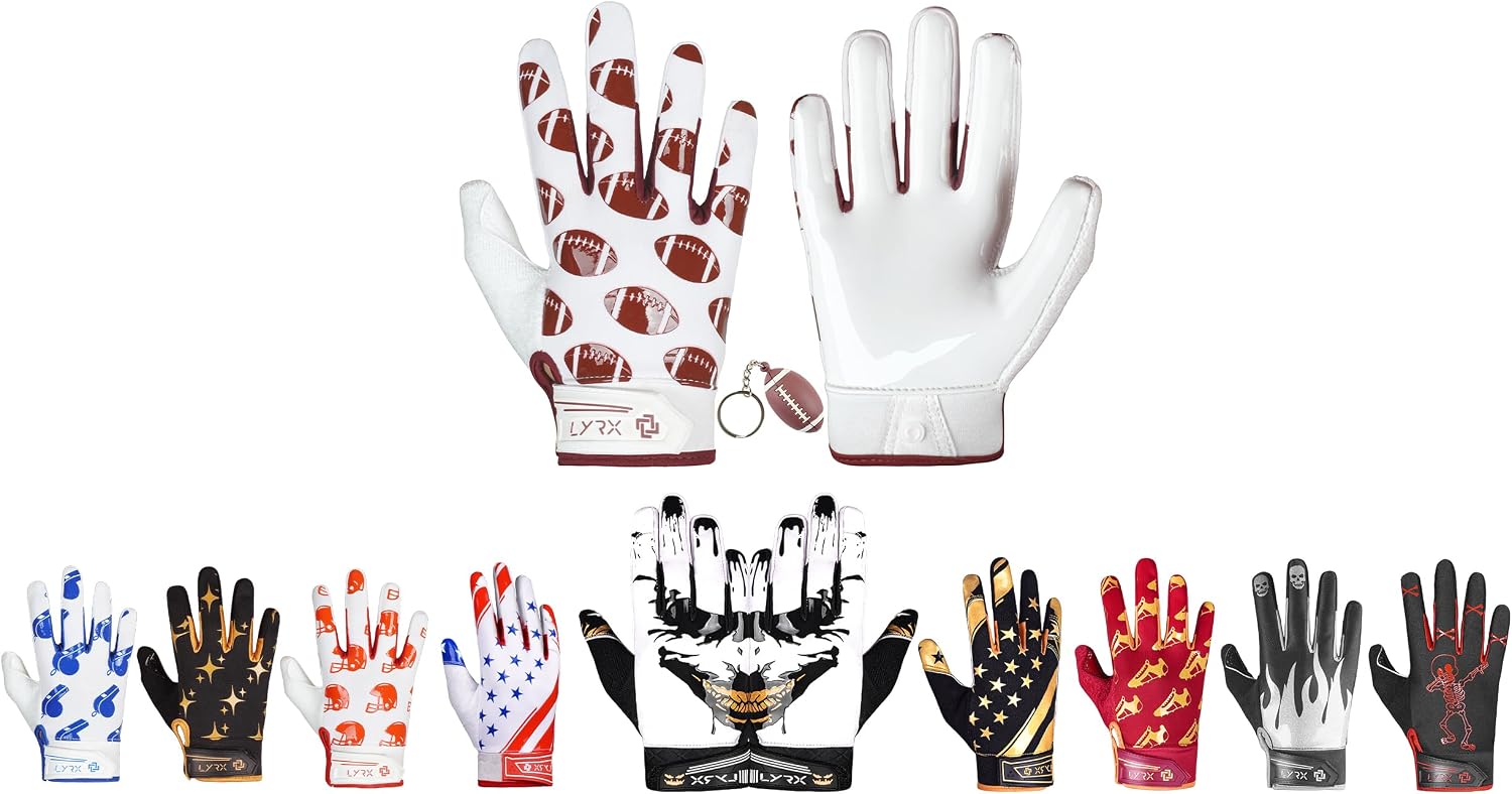 LYRX Professional Football Receiver Gloves with Optimal Silicone Palm Non-Slip Grip Control Ultra-Stick Sports Lightweight Glove and Precision Fit (F2 Footballs, Youth Medium)