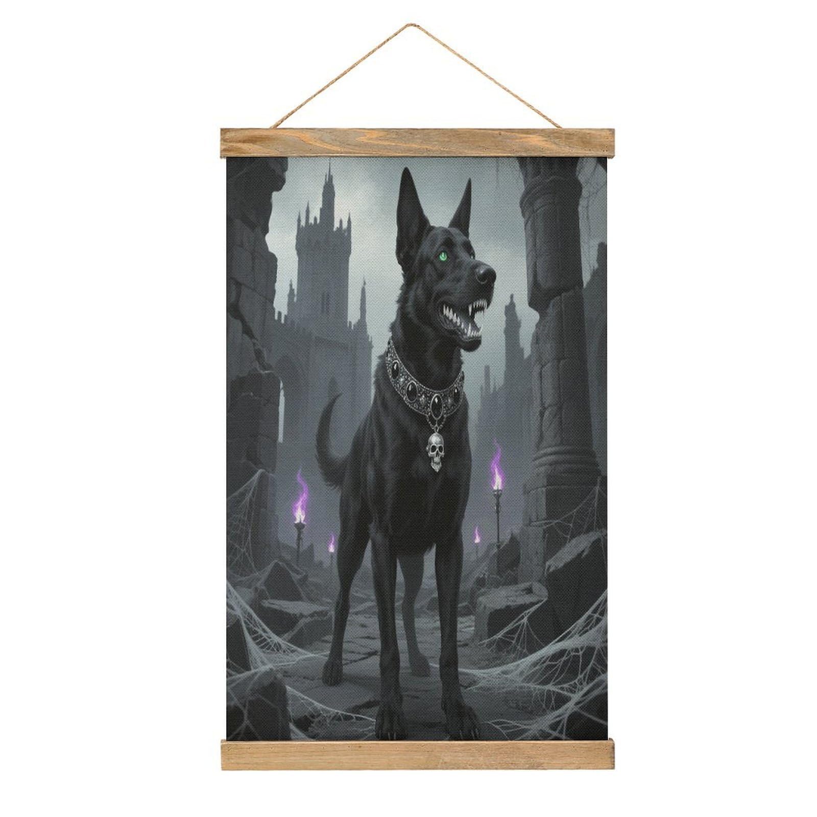 VstaDank Gothic Black Dog Hanging Poster with Wooden Frame Modern Linen Hanging Painting Retro Style Wall Decor Art Painting for Living Room,Bedroom Decor Poster Frame 20.4x13.1inch