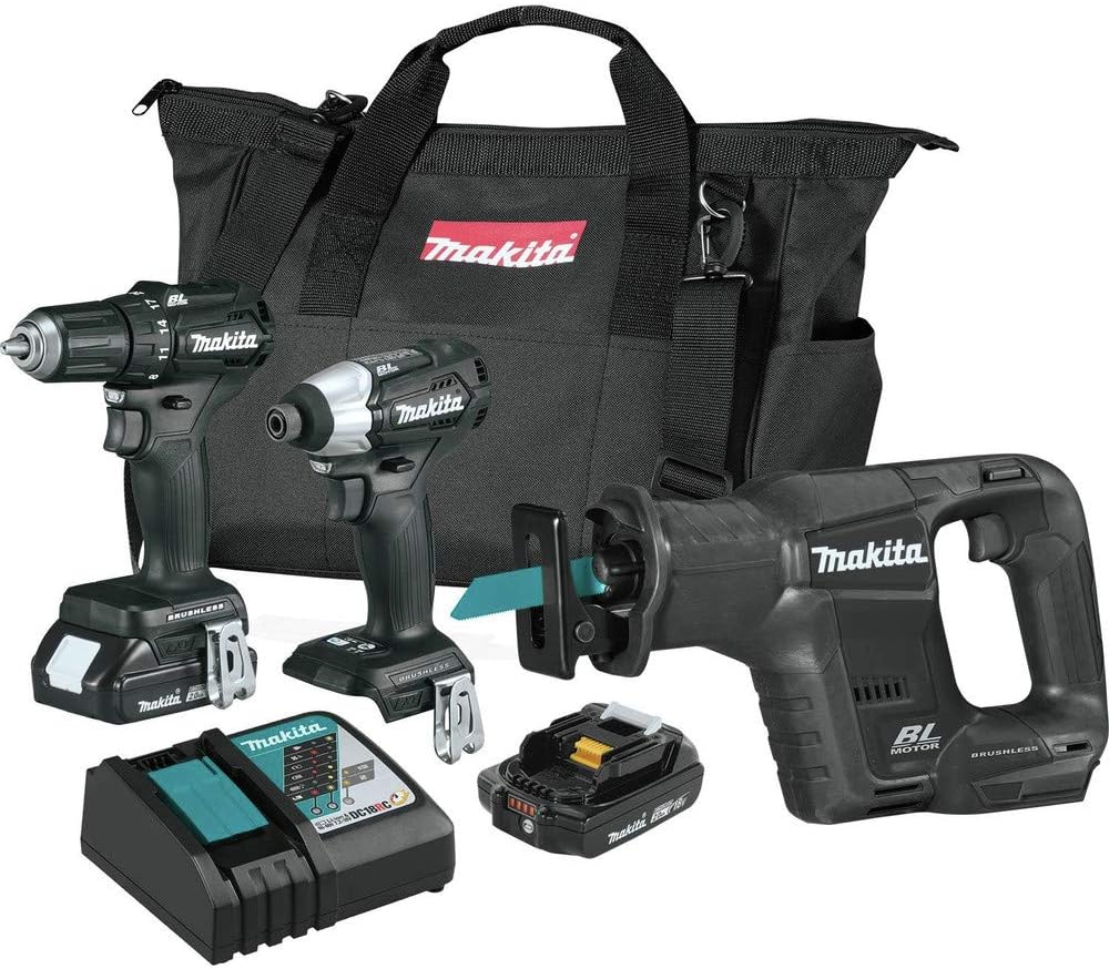 Makita CX300RB 18V LXT Lithium-Ion Sub-Compact Brushless Cordless 3-Pc. Combo Kit (2.0Ah), Black