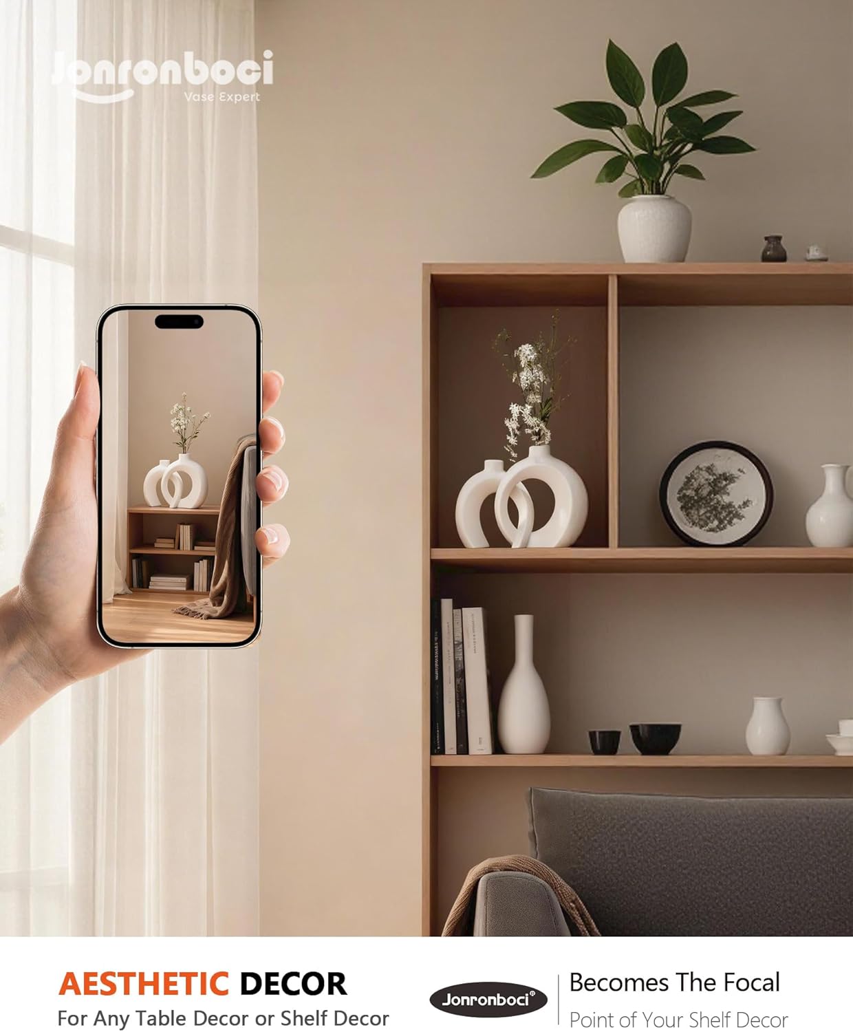 7.2″Hx8.9″H Donut Shape Decorative Vase Set of 2, Ceramic, Modern Minimalism Styles, Flowers or Plant Table Vases for Home Decor Living Room Shelf Entry Console Mantle Dining Centerpiece (Matte White) - Image 6