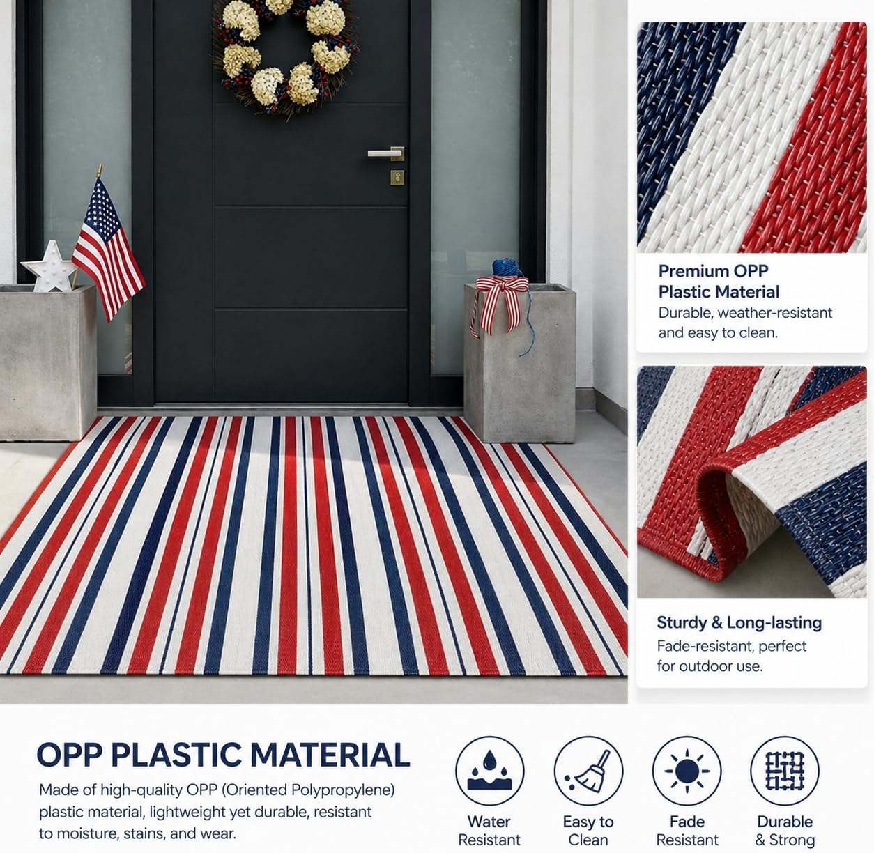 3x5ft Patriotic Outdoor Rug Waterproof Plastic Straw Patio Mat Reversible Red White and Blue Striped Area Rug for Camping RV Porch Deck Backyard 4th of July Independence Day Decorations(Strrp)