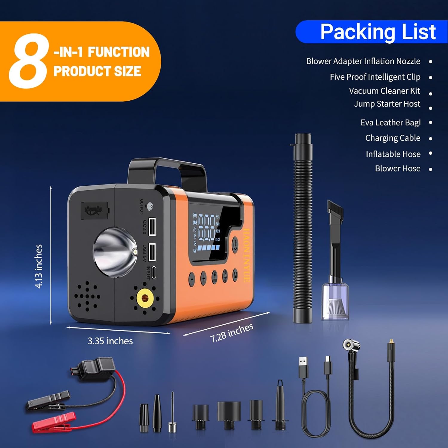 Car Jump Starters with Air Compressor, 5000A Portable Car Battery Booster, Clean Vacuum Cleaner, 12V Lithium Ion Battery Charger, 150PSI Tire Inflator for 8.0L Gasoline and 6.0L Diesel Engines
