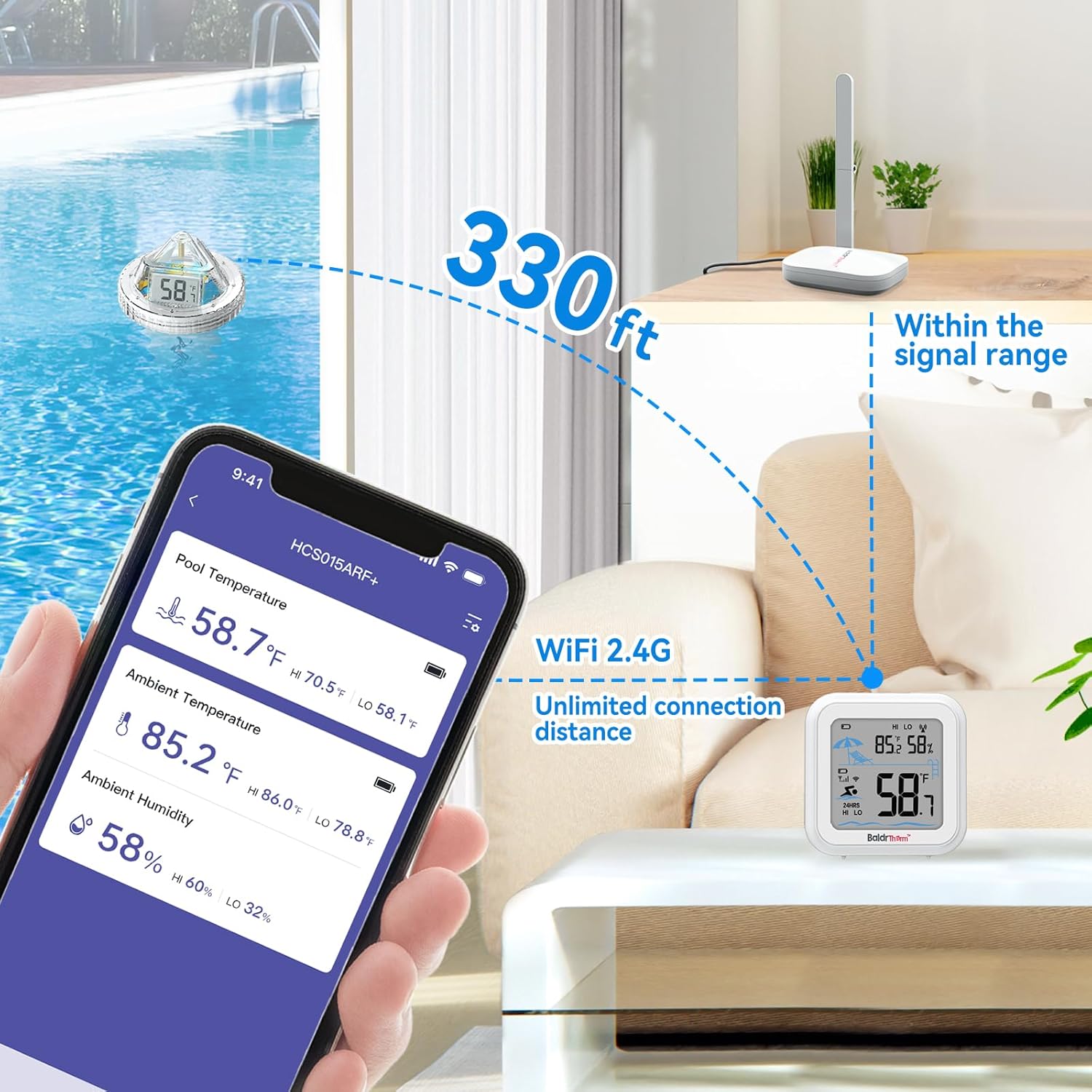 BaldrTherm Smart Pool Thermometer with WiFi Gateway, Digital Floating Anti-Fog 360° Reading with IPX7 Waterproof, Remote App Notification Alert for Hot Tub/Ice Bath/Swimming Pool/SPA/Aquarium/Pond