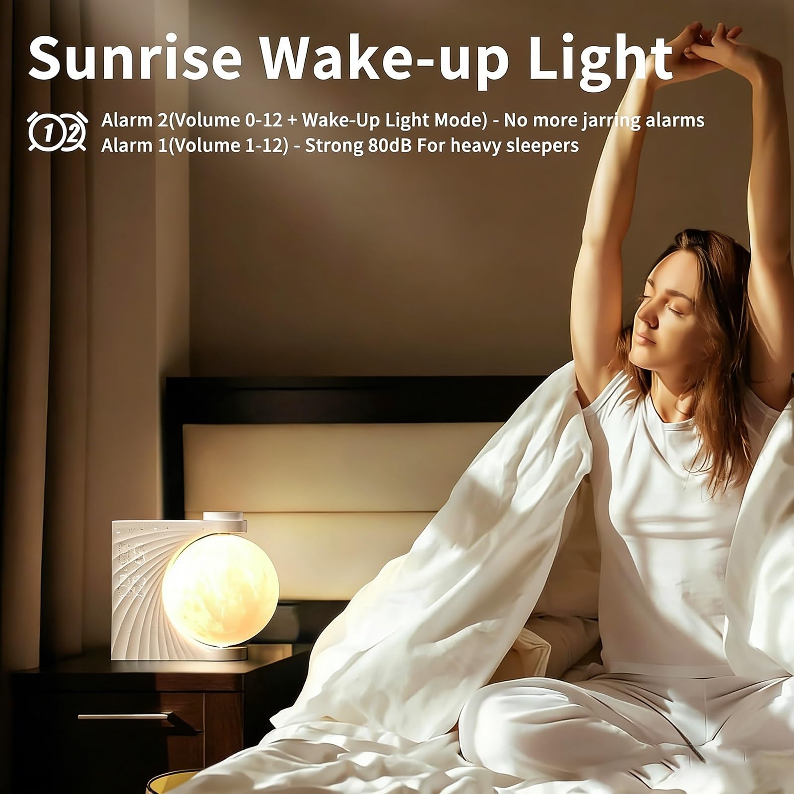 Réveil MoonRise Sunrise avec Lumière De Réveil et Lampe Lunaire RGB, Double Alarme, Fonction Snooze, Veilleuse pour Enfants et Adultes, Décoration De Chambre à Coucher