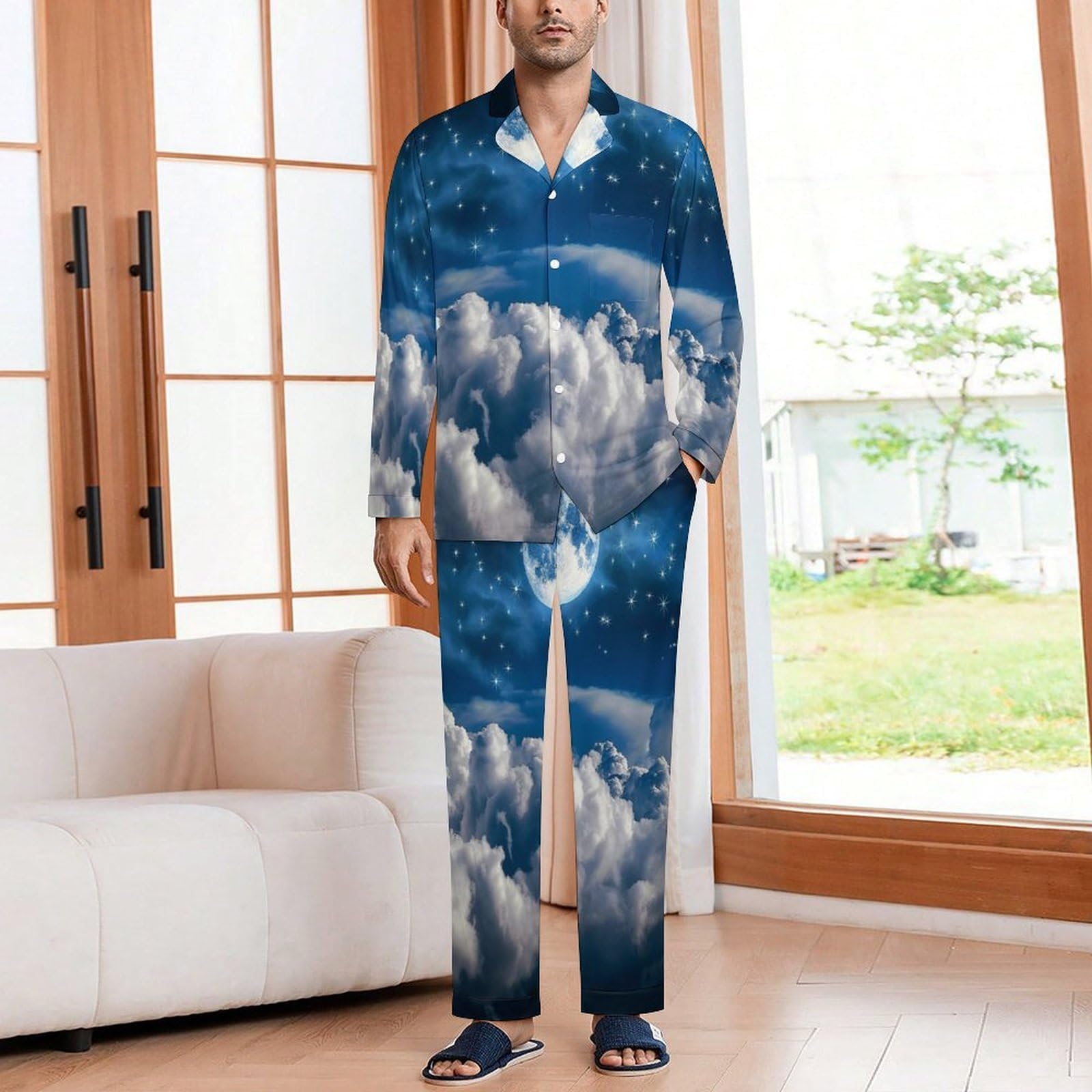 Pigiama da Uomo in Luna Piena nel Cielo Notturno, Due Pezzi Set Completo con Camicia a Maniche Lunghe Bottoni e Pantaloni con Tasche Abbigliamento Casa Blu Scuro