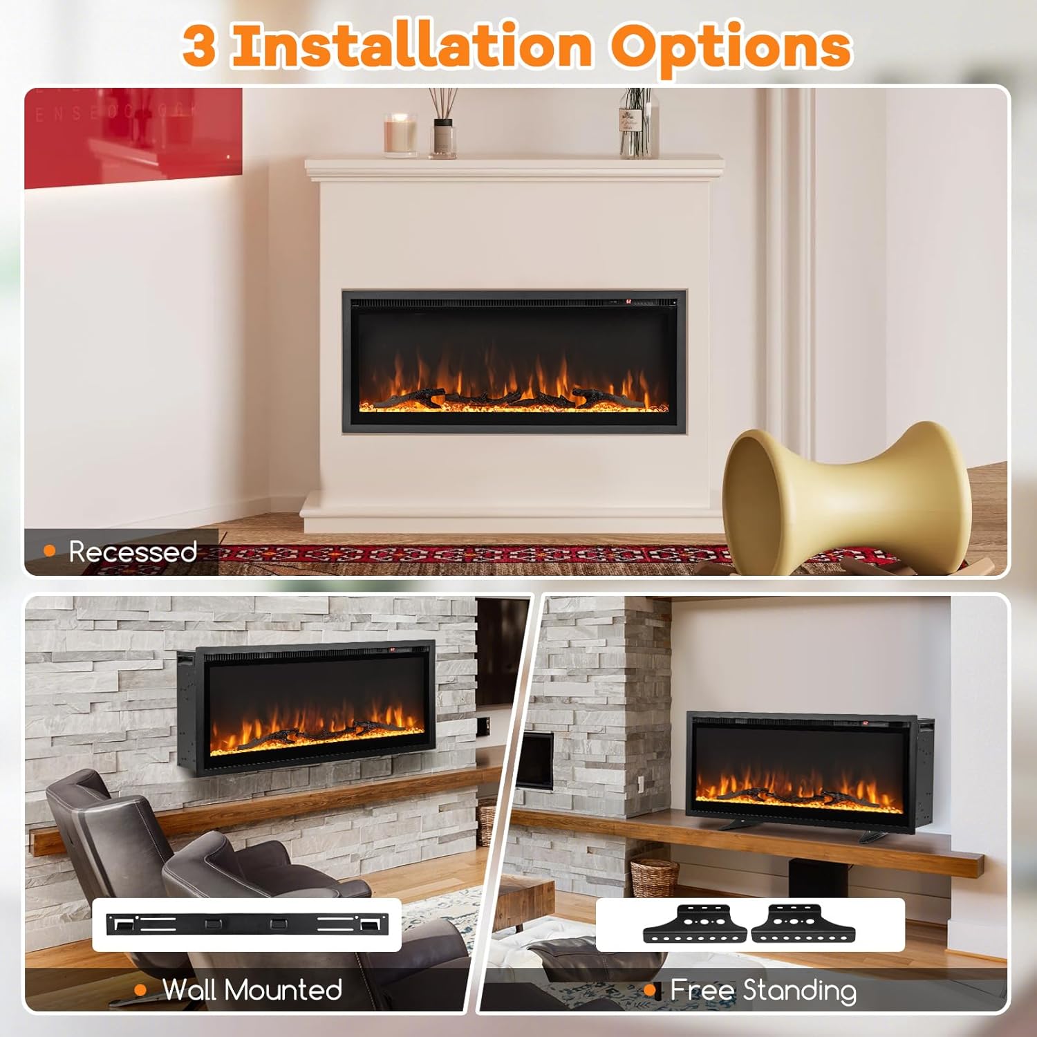 ORALNER Electric Fireplace, 42" Wall-Mounted & Recessed, Free Standing Linear Fireplace Heater, 9 Flame Colors & 5 Adjustable Brightness, Remote & 8H Timer, Crystal & Log Set, 750W/1500W (42 Inches)